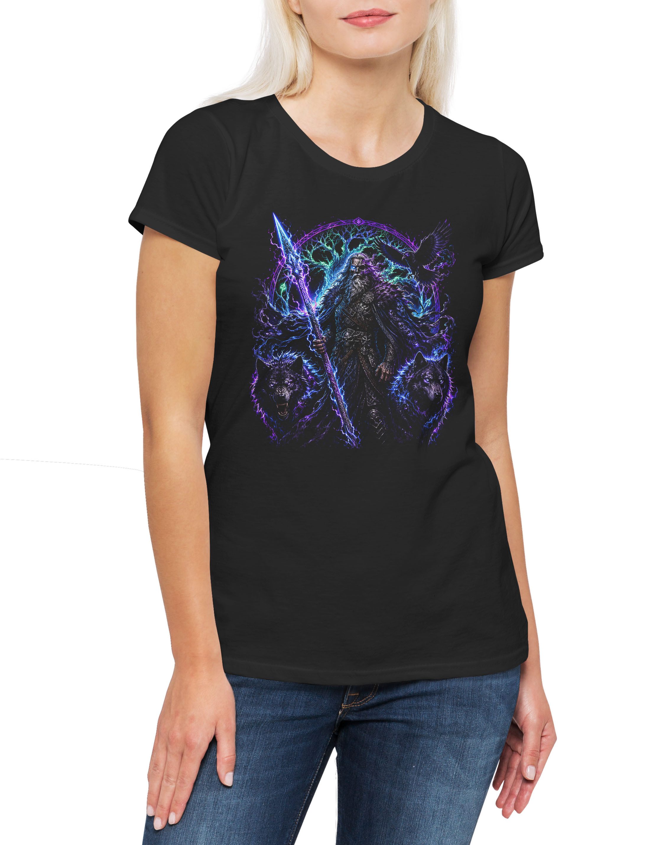 Urban Backwoods Print-Shirt Odhin With Wolves Damen T-Shirt Geri Wolf Wölfe Freki Thor Odin (1-tlg) Wikinger Vikings Mjölnir Walhalla