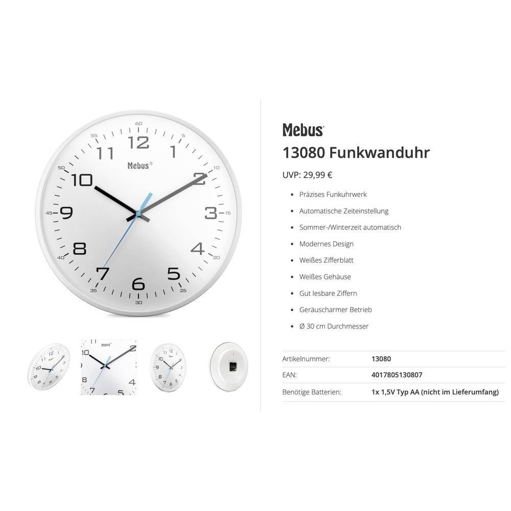 Mebus Wanduhr 13080 Funk Funkuhr 30 cm Weiß Leisegang-Uhrwerk (Leisegang-Uhrwerk)