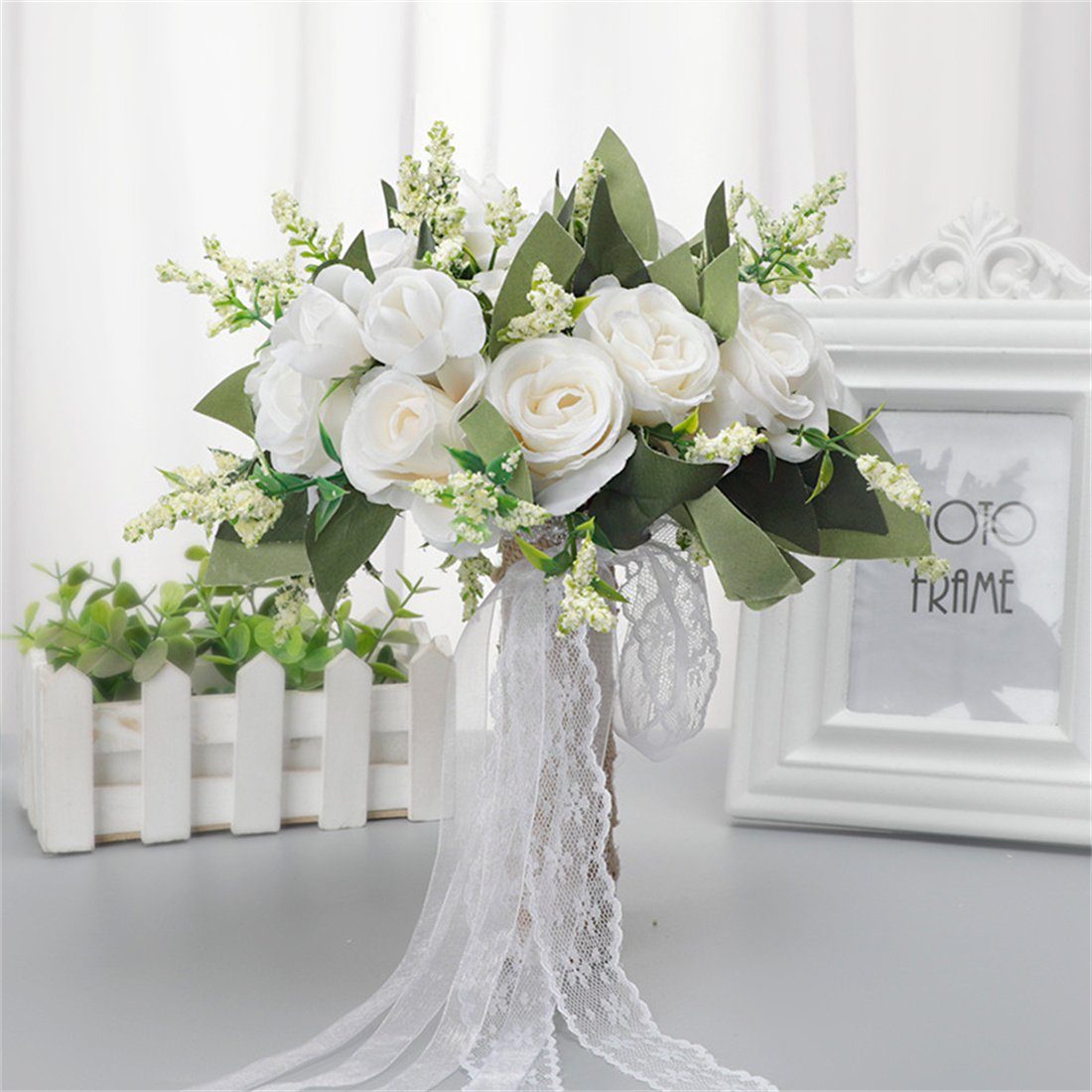Kunstblumenstrauß Braut Hand Bouquet Simulation, Hochzeit Simulation Blume Requisiten, DÖRÖY Weiß