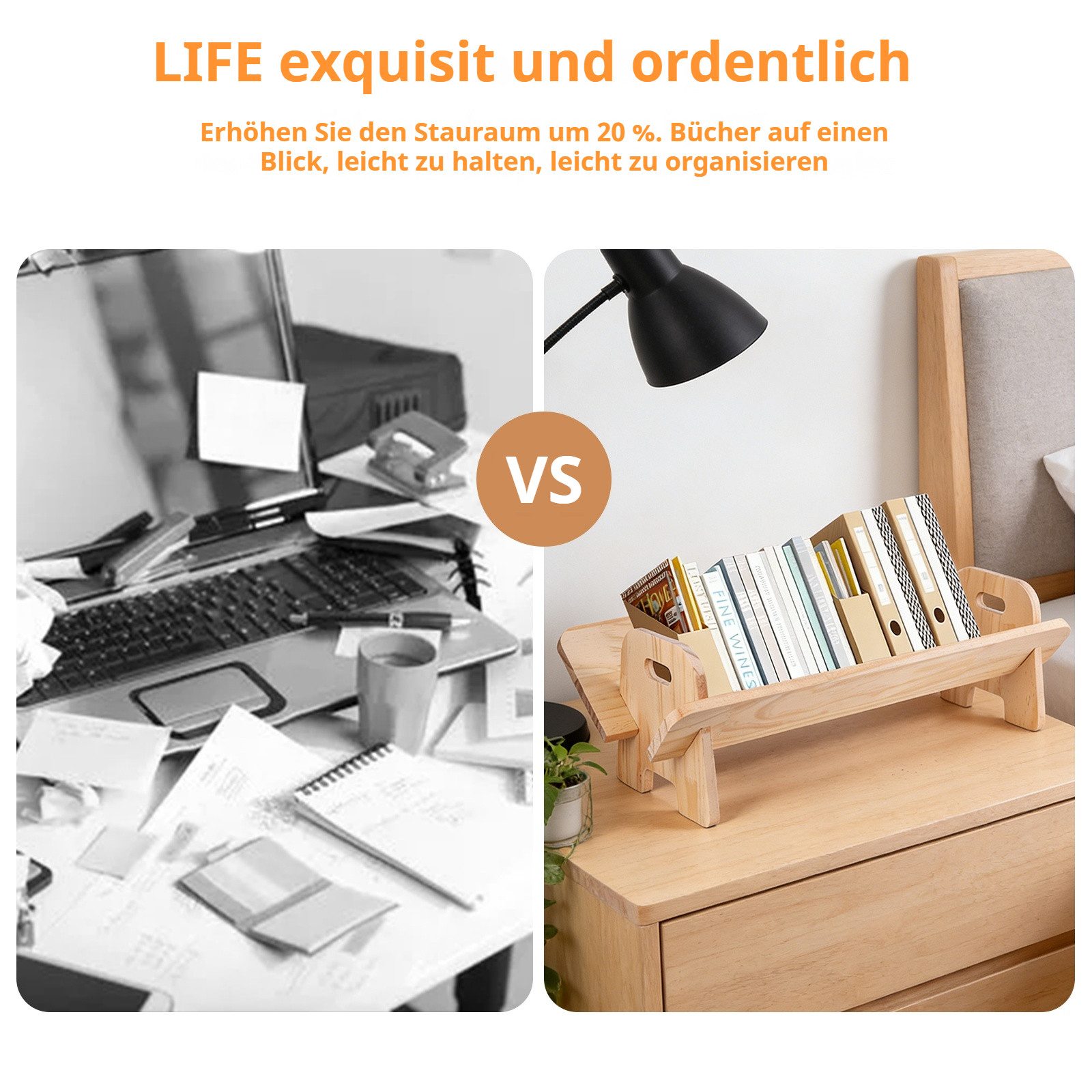BlingBin Bücherregal 60cm-Bücherregal, Schreibtisch-Ausstellungsregal, 1 Stück 1-tlg., Naturholz Vielseitigkeit bei Bürobedarf, Schreibtisch-Organizer