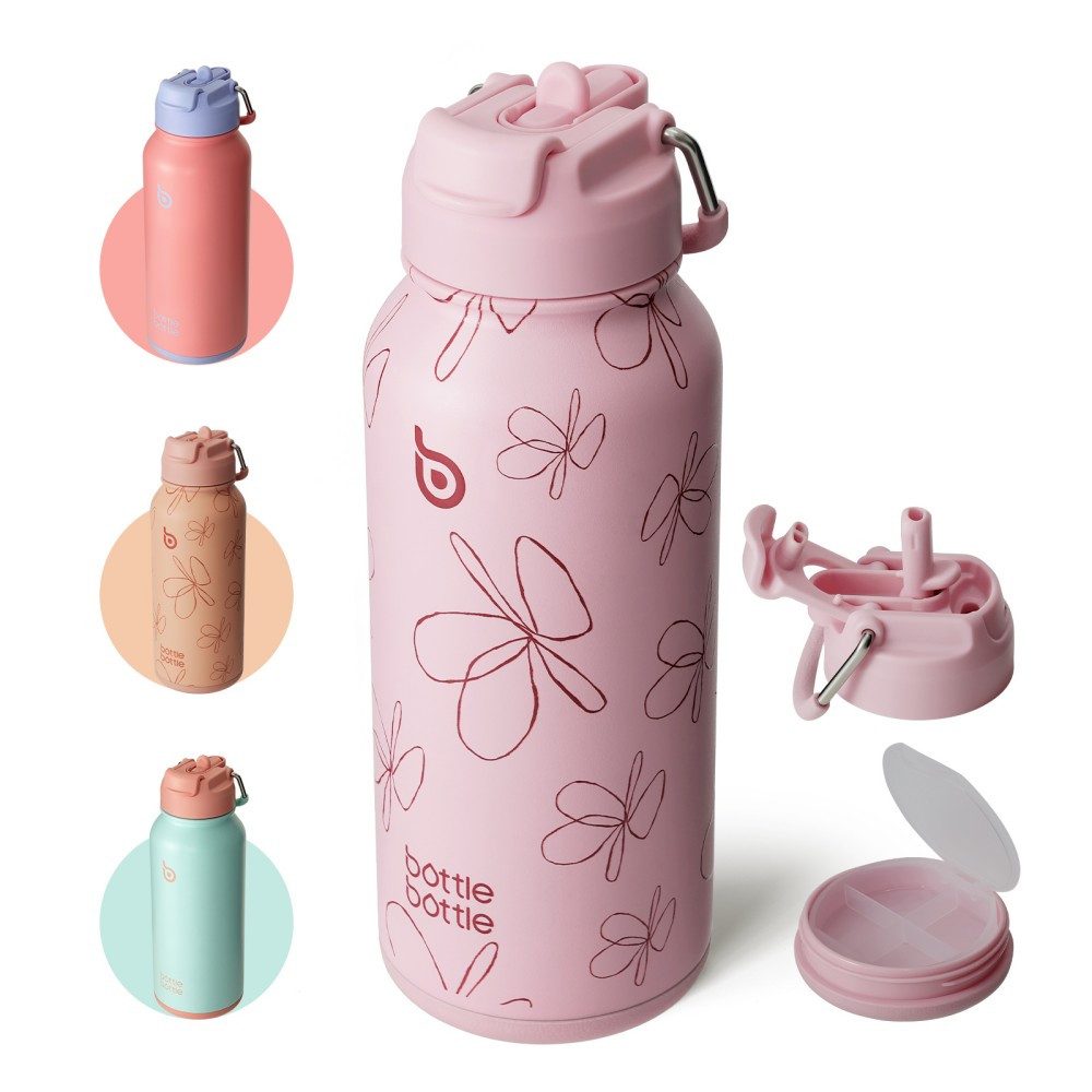 BOTTLE BOTTLE Trinkflasche Edelstahl Trinkflasche mit Strohhalm, auslaufsichere Isolierflasche, für Sport & Fitnessstudio, mit Pillenfach, doppelwandig