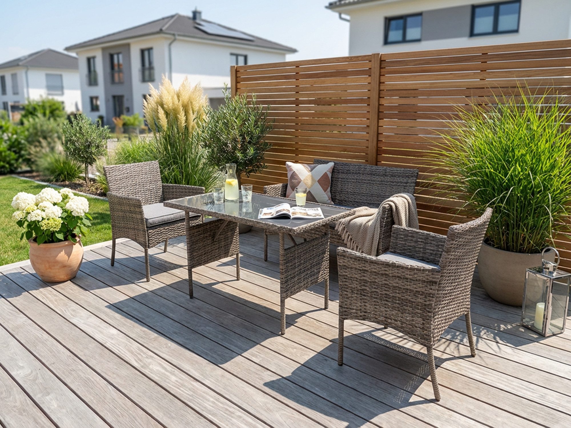 KONIFERA Gartenlounge-Set Balkonset »Ronda«, (Set, 7-tlg., 1x2er Sofa, 2 Sessel, Tisch 56x110x65 cm, inkl. Auflagen), Stahl/Polyrattan