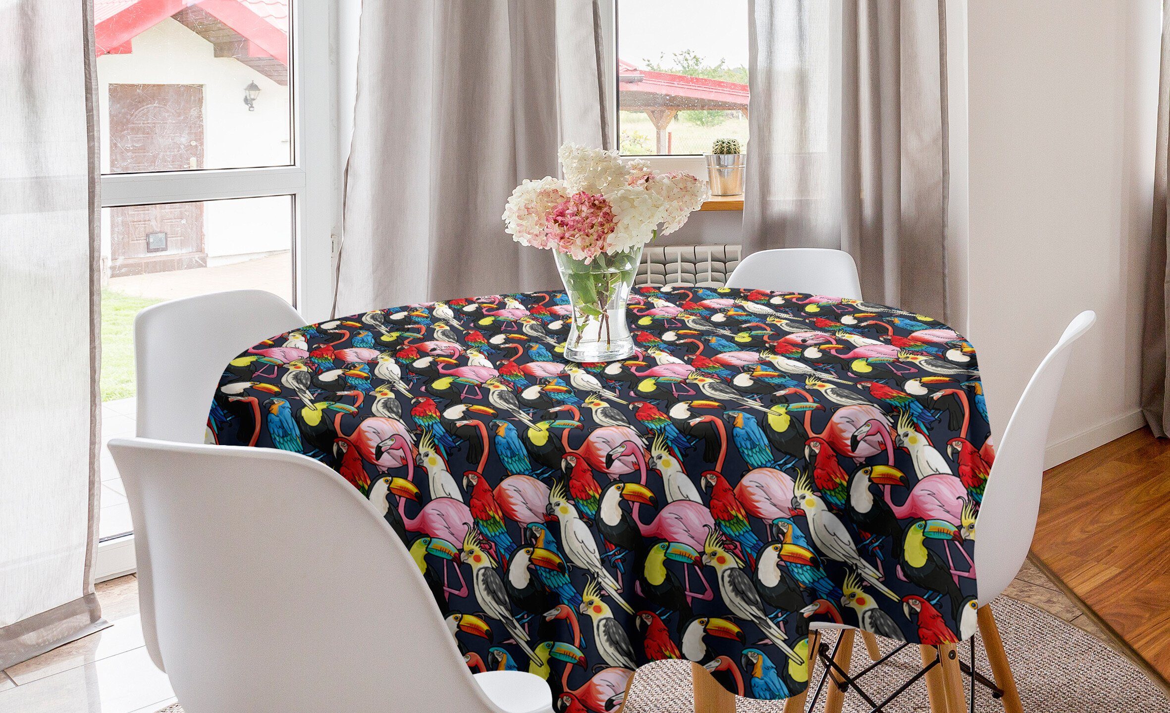 Abakuhaus Tischdecke Kreis Tischdecke Abdeckung für Esszimmer Küche Dekoration, Tier Bunte Exotische Vögel