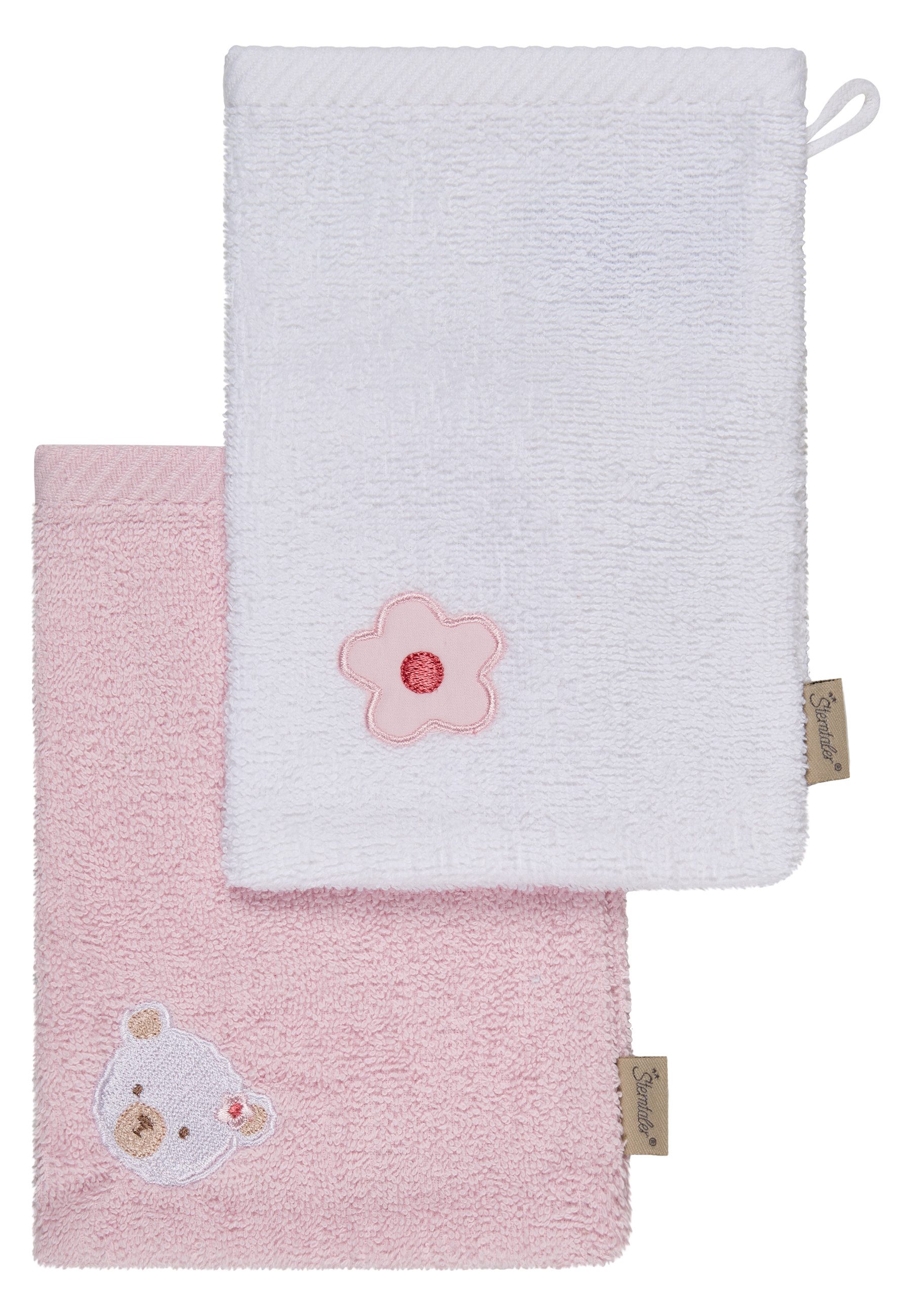 Sterntaler® Waschhandschuh Waschhandschuhe 2er-Pack BÄR Betty, Frottee (1-St), Waschlappen 2er-Pack, aus Frottee, schöne Webkanten, süße Stickerei