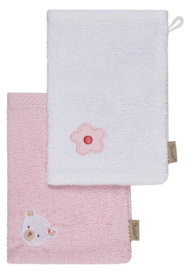 Sterntaler® Waschhandschuh Waschhandschuhe 2er-Pack BÄR Betty, Frottee (1-St), Waschlappen 2er-Pack, aus Frottee, schöne Webkanten, süße Stickerei