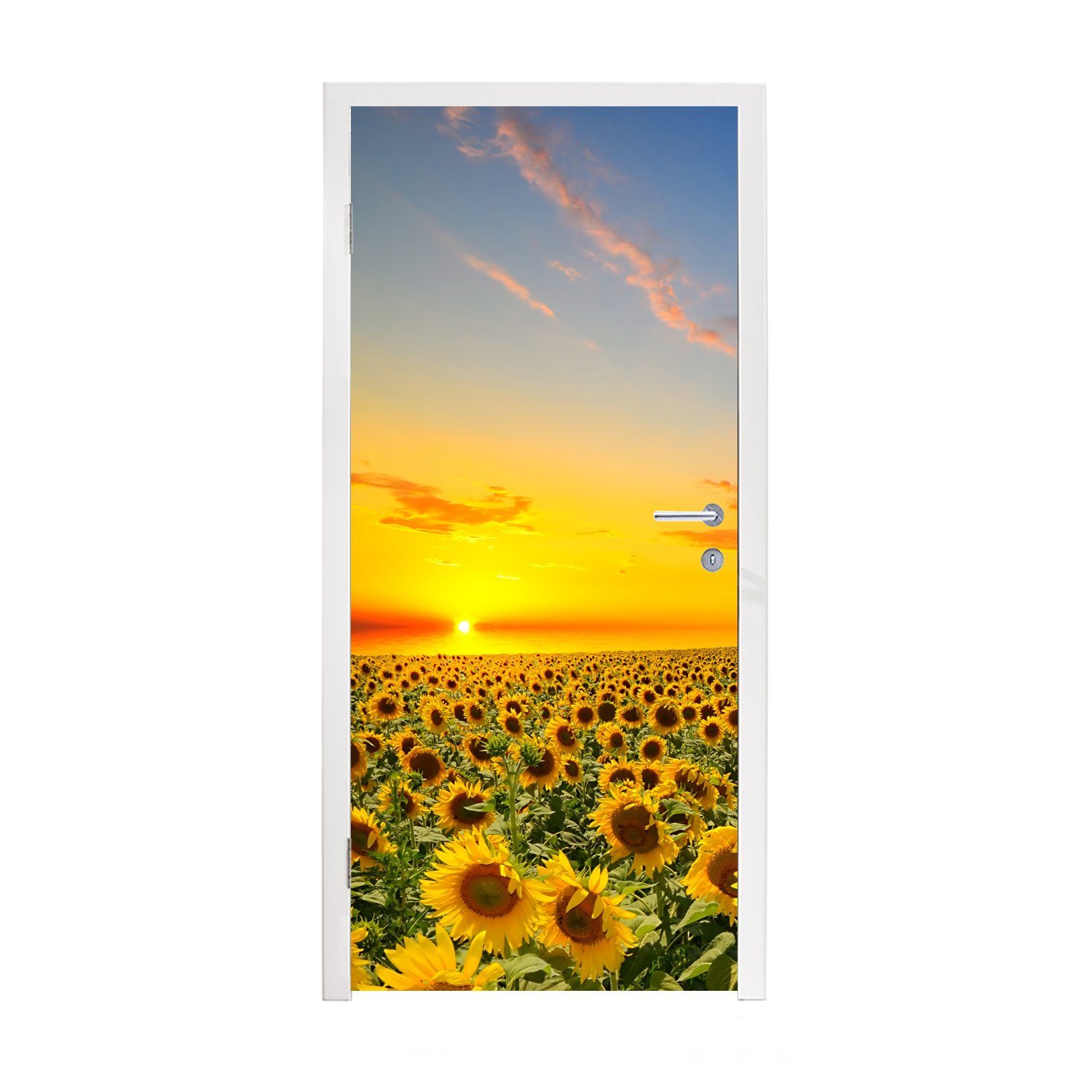 MuchoWow Türtapete Blumen - Sonnenblume - Sonnenuntergang - Nacht - Orange, Matt, bedruckt, (1 St), Selbstklebende Tapete, Folie für Möbel, 75x205 cm