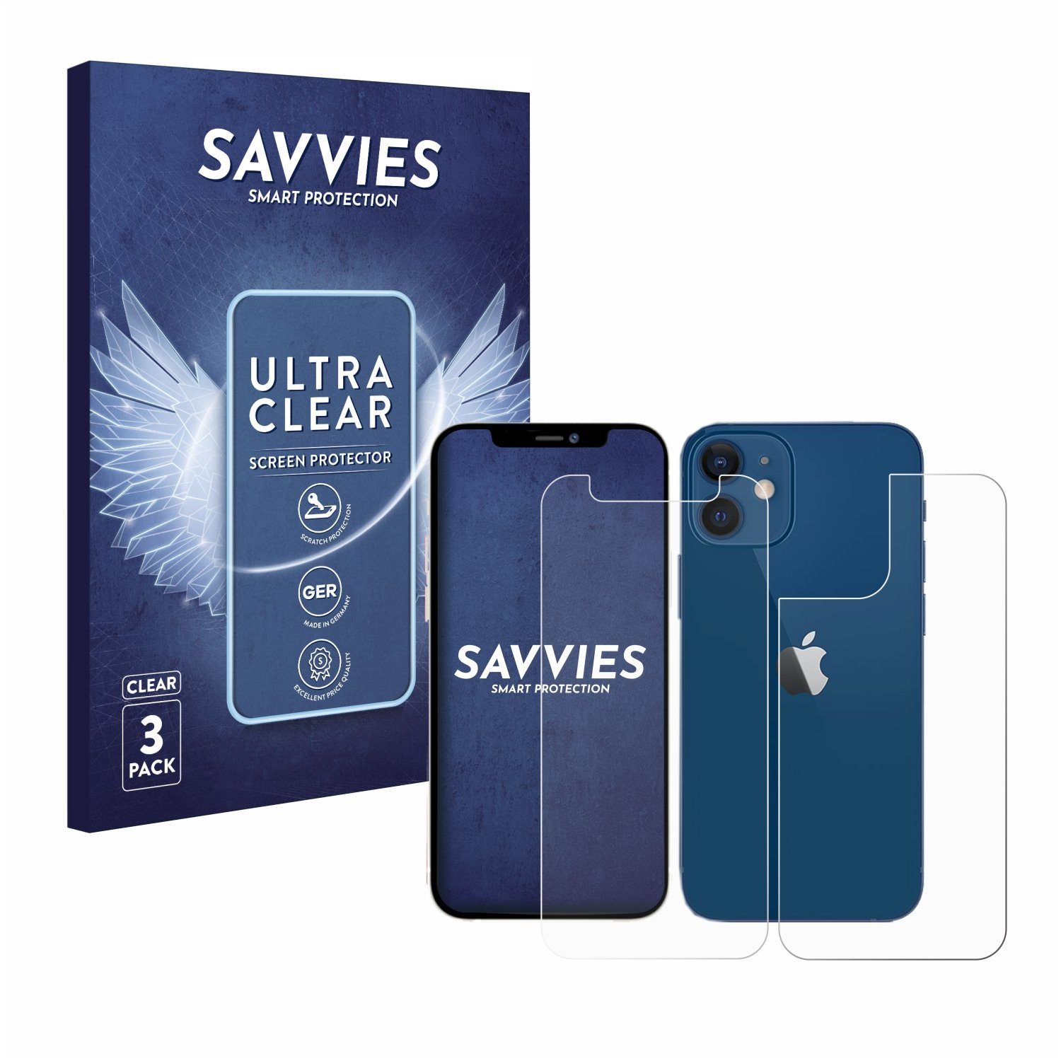 Savvies Displayschutzfolie Schutzfolie für Apple iPhone 12 mini (Display+Rückseite), 6 Stück, Displayschutz Schutz Folie Klar Transparent