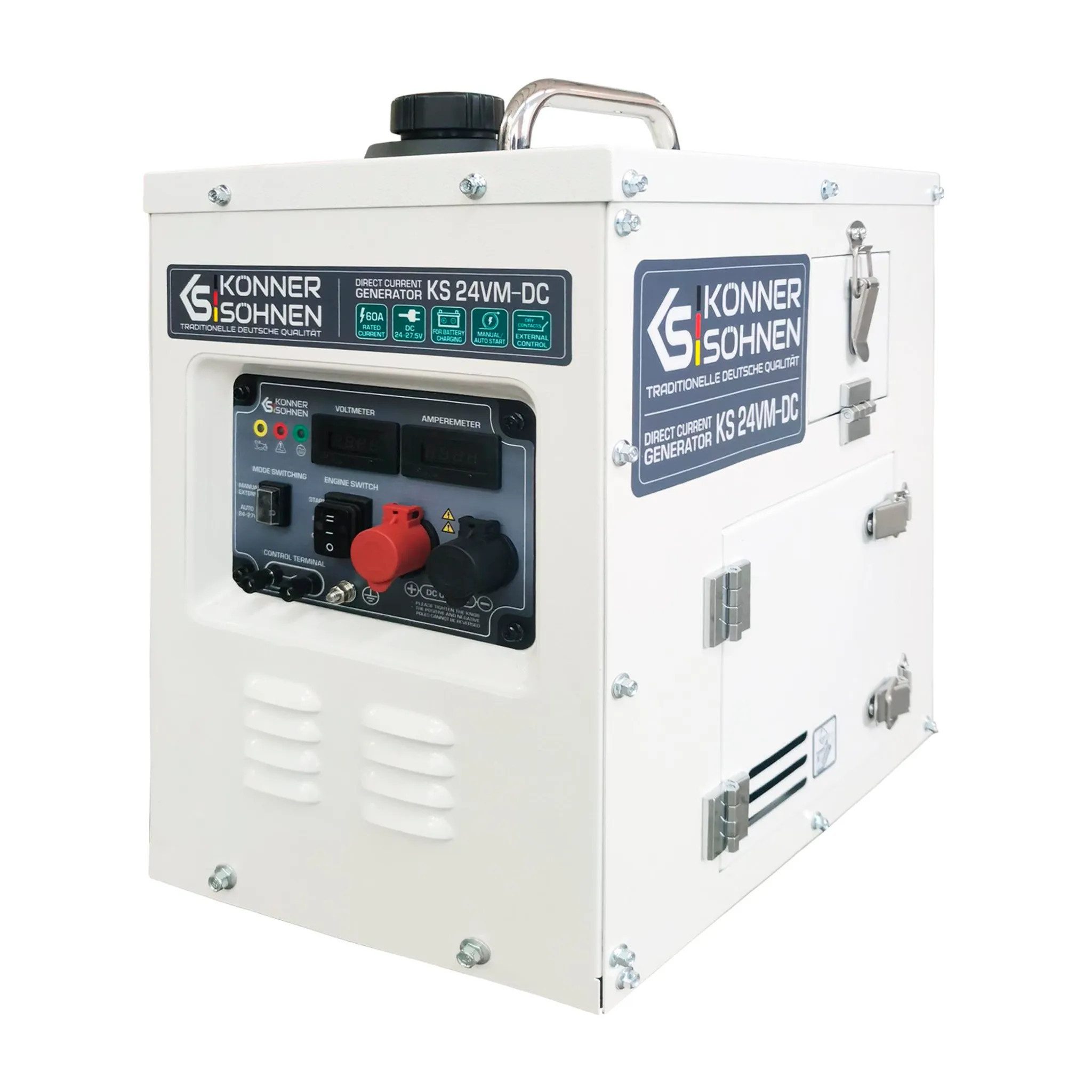 Könner & Söhnen Stromerzeuger KS 24VM-DC, (DC-Generator 24V für Solaranlagen und Batterieladung, 1-tlg., 60A Ladestrom, Auto-Start Funktion, 8L Tank, 24-27.5V), Gleichstrom 24V, Auto-Modus, Schallisoliert, 69dB, Euro V