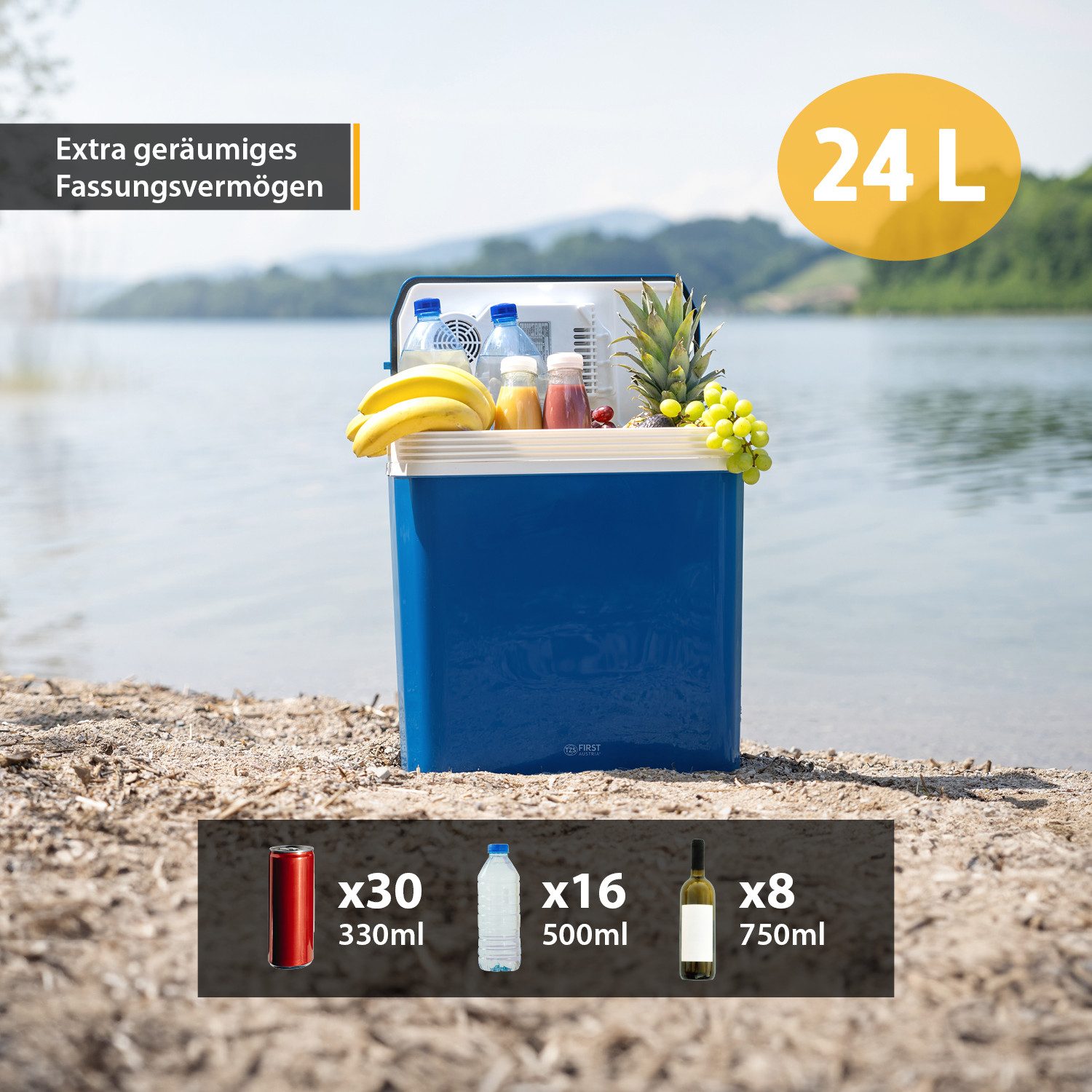 TZS FIRST AUSTRIA Elektrische Kühlbox 24L, Kühlbox, 12V /230V Anschluss, 12-V-Stecker fürs Auto, für Camping, Festivals, Reisen, mit Kühl- und Warmhaltefunktion