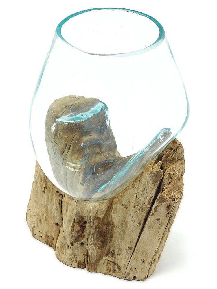 Dekorieren macht glücklich Dekoobjekt Deko Schale aus Teakholz mit Glaskugel Ø 15 cm, handgefertigtes Wohnaccessoire aus Holz & recyceltem Glas