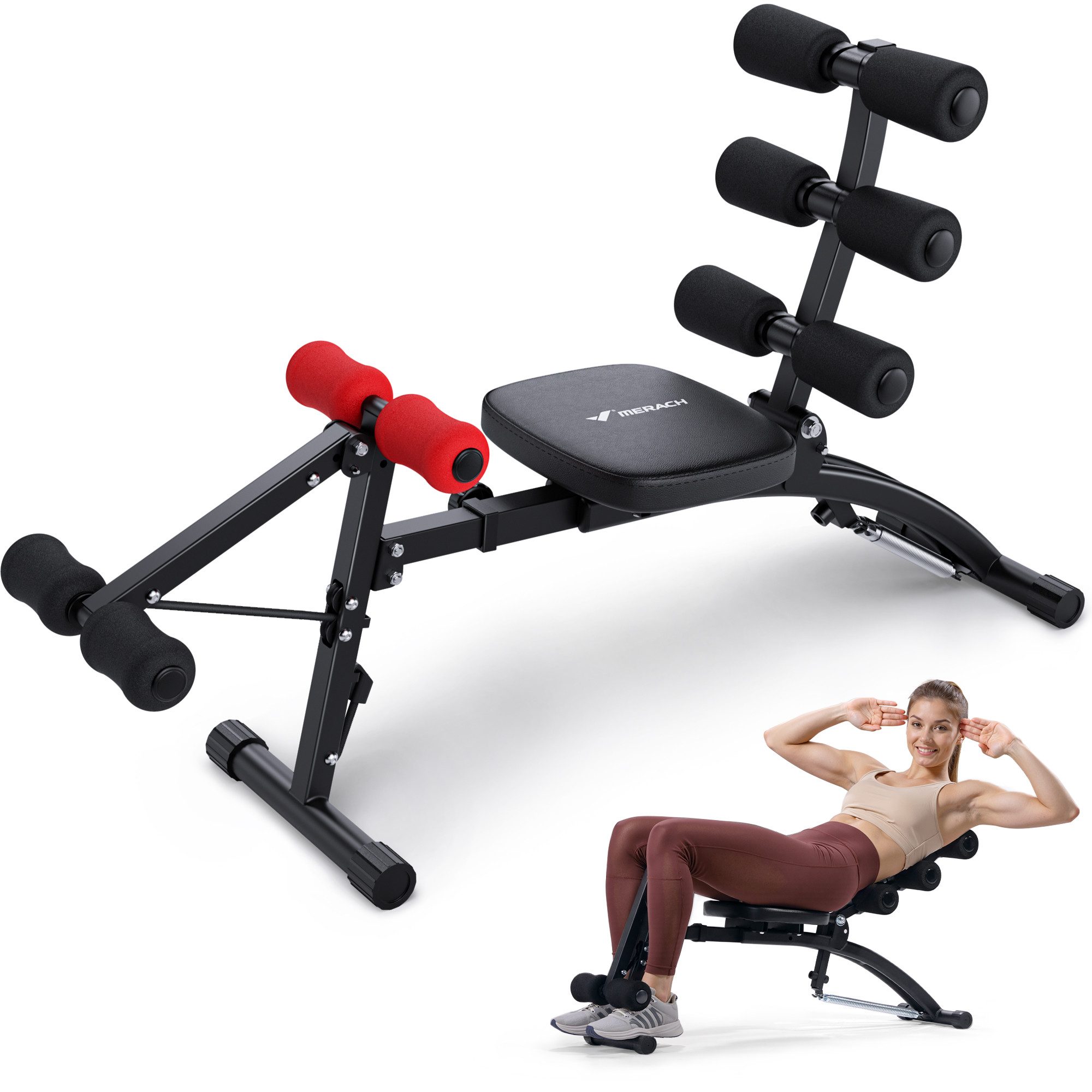 MERACH Bauchtrainer Multi-Function Bauchmuskeltrainer für Zuhause bis 136kg (4-fach verstellbar, klappbar, Stabile Struktur, Ab- und Beinübungen, 1-St., Ergonomisches Design, verstärkte Stahlkonstruktion, extra Polsterung), ideal für Ganzkörpertraining, g