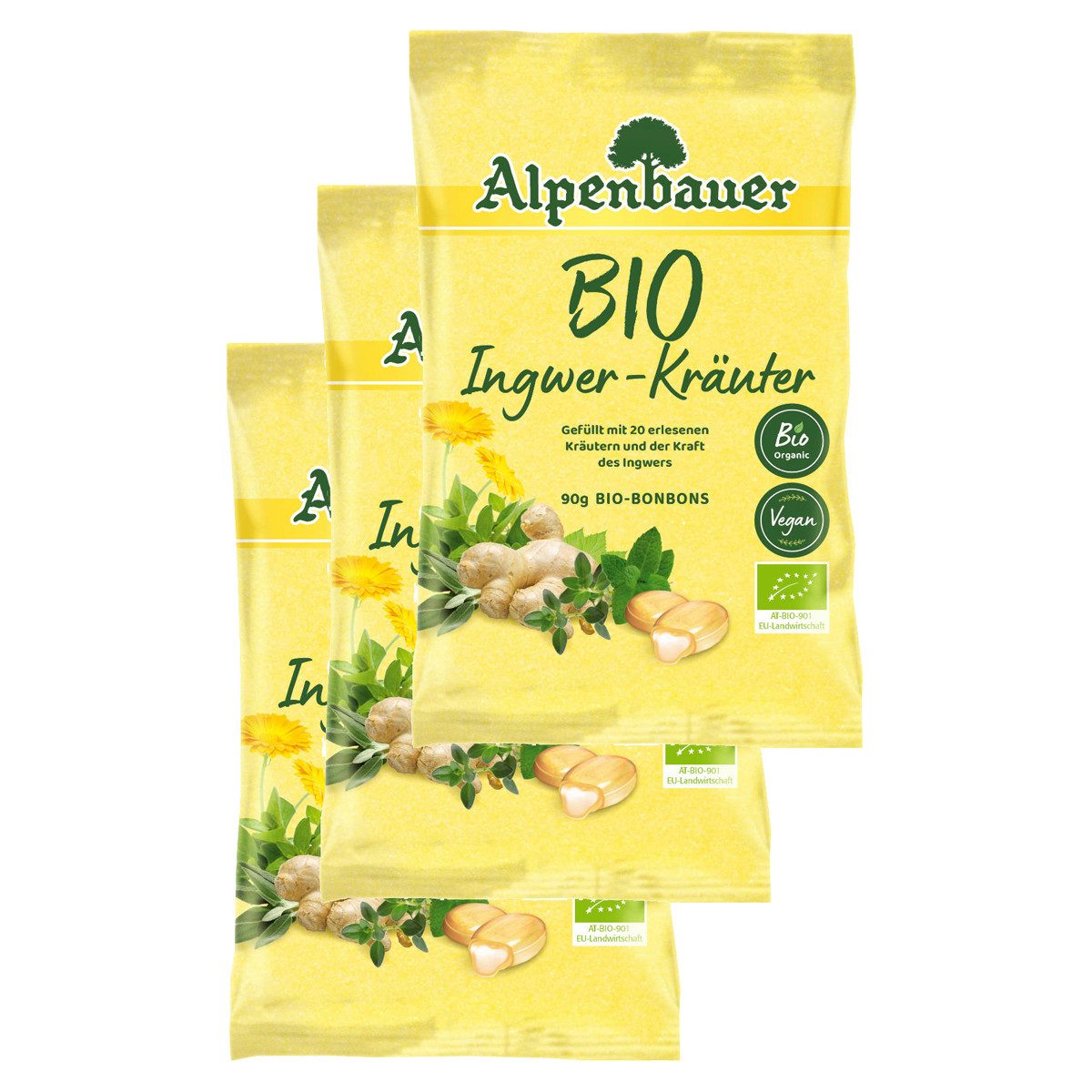 Alpenbauer Süßigkeit, Alpenbauer Bio Ingwer Kräuter Bonbons mit flüssigem Kern 90g 3er Pack