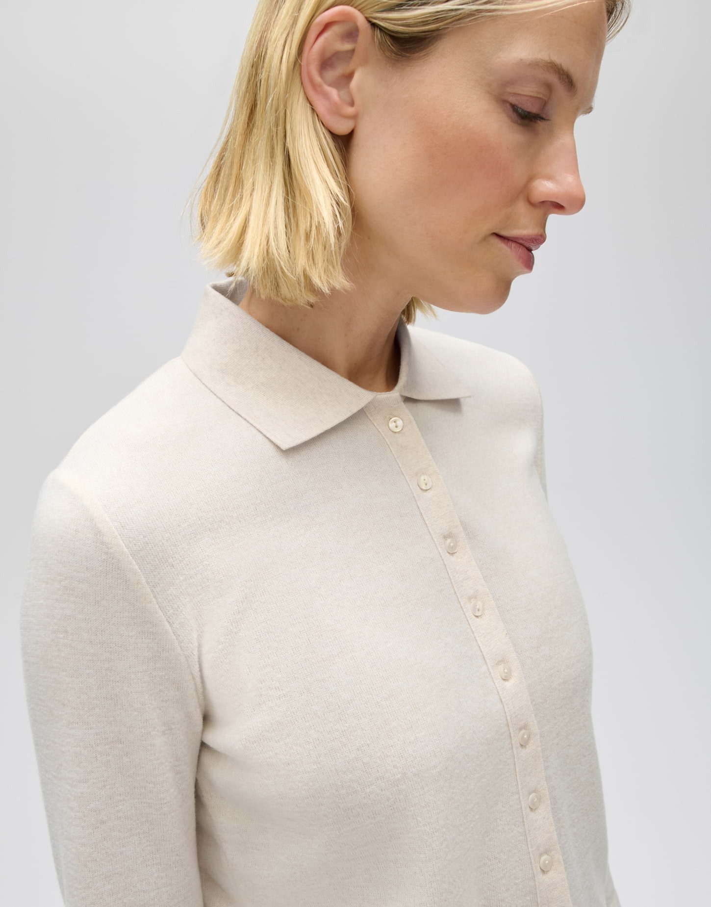OPUS Langarm-Poloshirt Sugimi aus Jersey mit Mélange-Effekt Figurbetonte Form mit Polokragen und angerauter Oberfläche – Bild 4 von 5