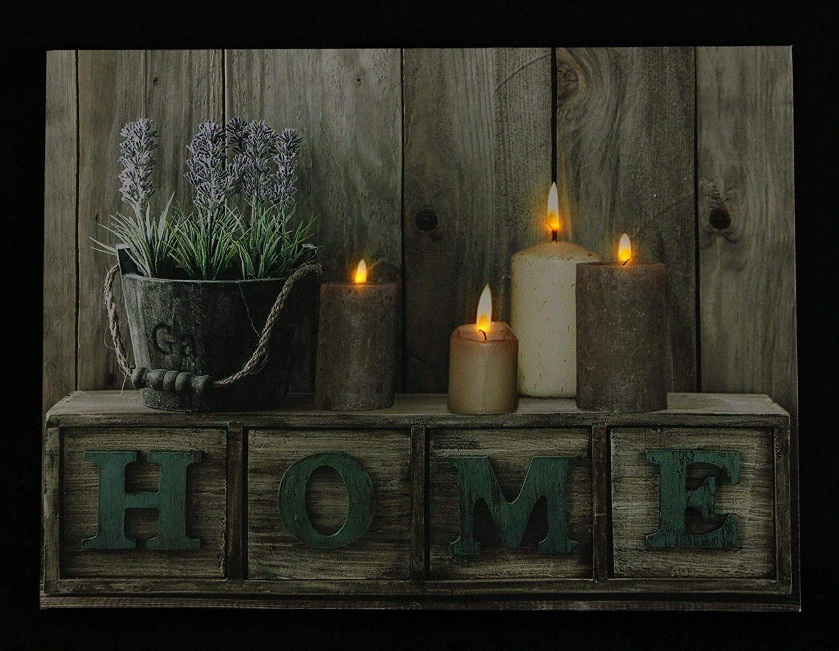 Dekoleidenschaft LED-Bild "Home" 40x30 cm, mit Kerzen, Leuchtdeko Beleuchtung, Wanddeko, flackernde Leuchtbild, Wandbild, Kerzen, Leinwandbild