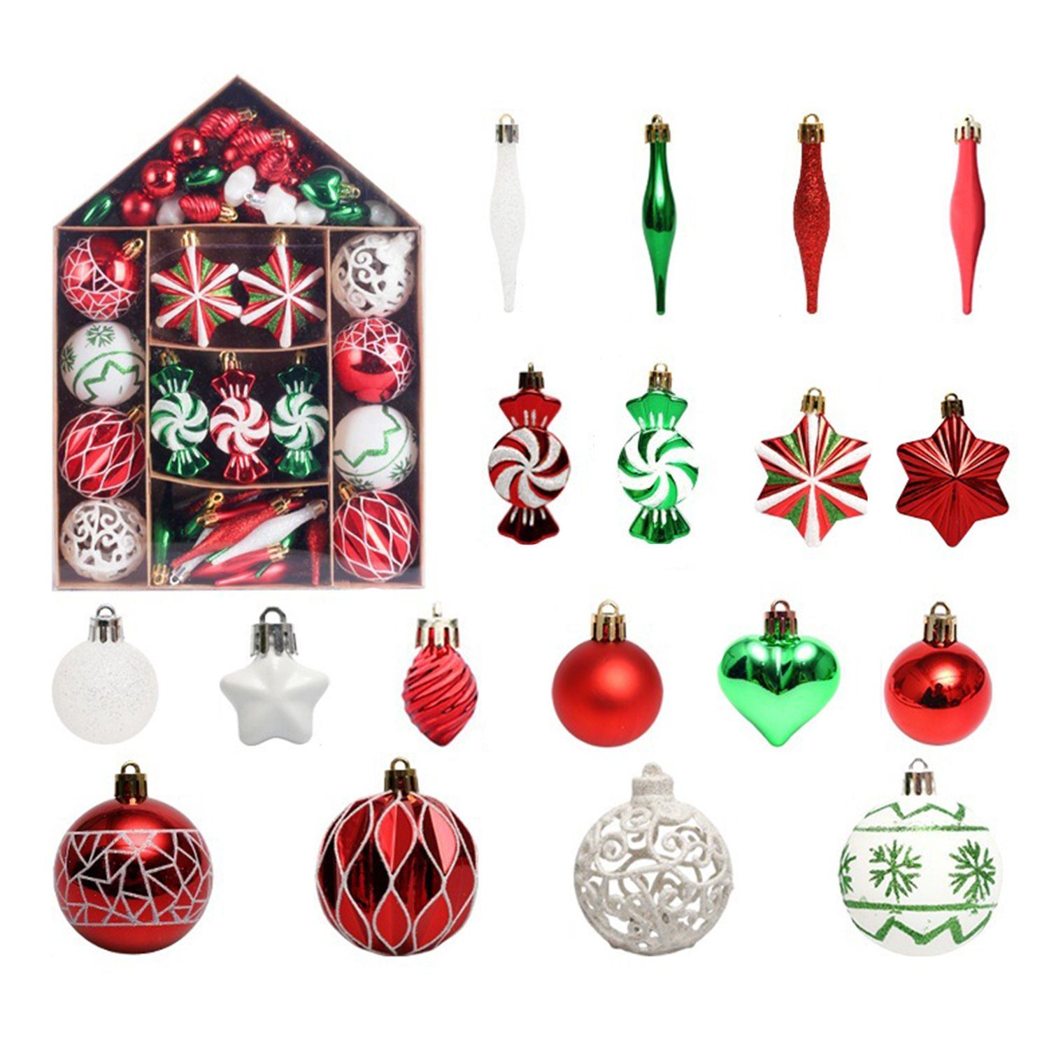 MAGICSHE Weihnachtsbaumkugel Weihnachtsdeko Ornamente-Set 73tlg Rot/Grün/Weiß