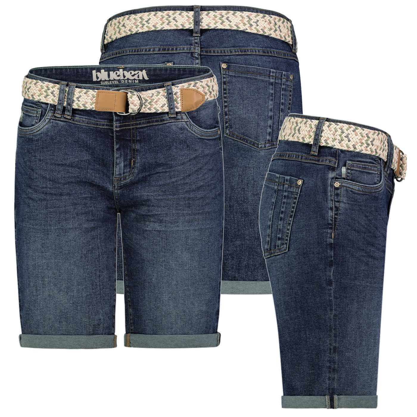 SUBLEVEL Bermudas Damen Jeans Shorts Bermuda Kurze Hose Short Denim Stretch Denim Gürtel