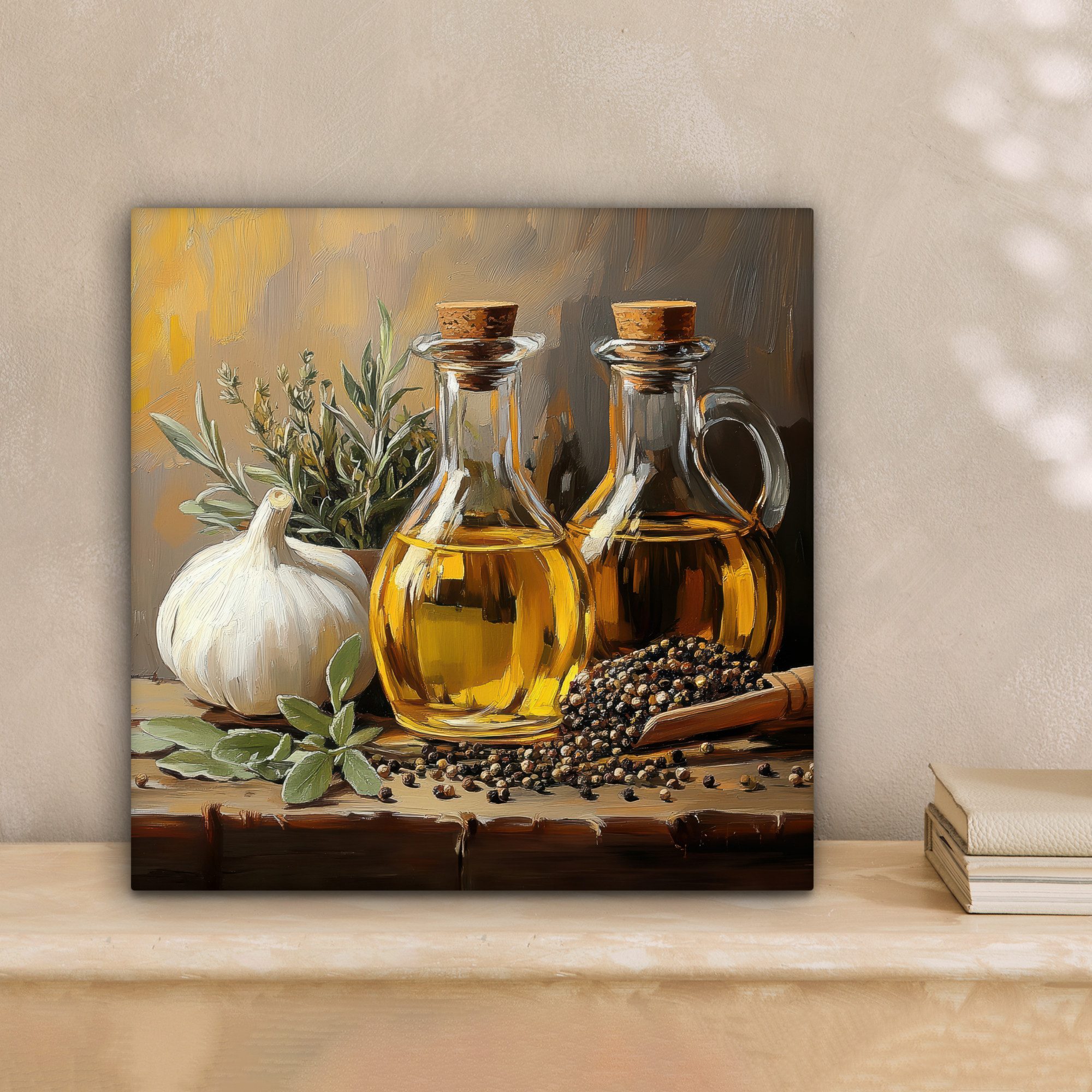 OneMillionCanvasses® Leinwandbild Stilleben - Olivenöl - Knoblauch - Kräute günstig online kaufen