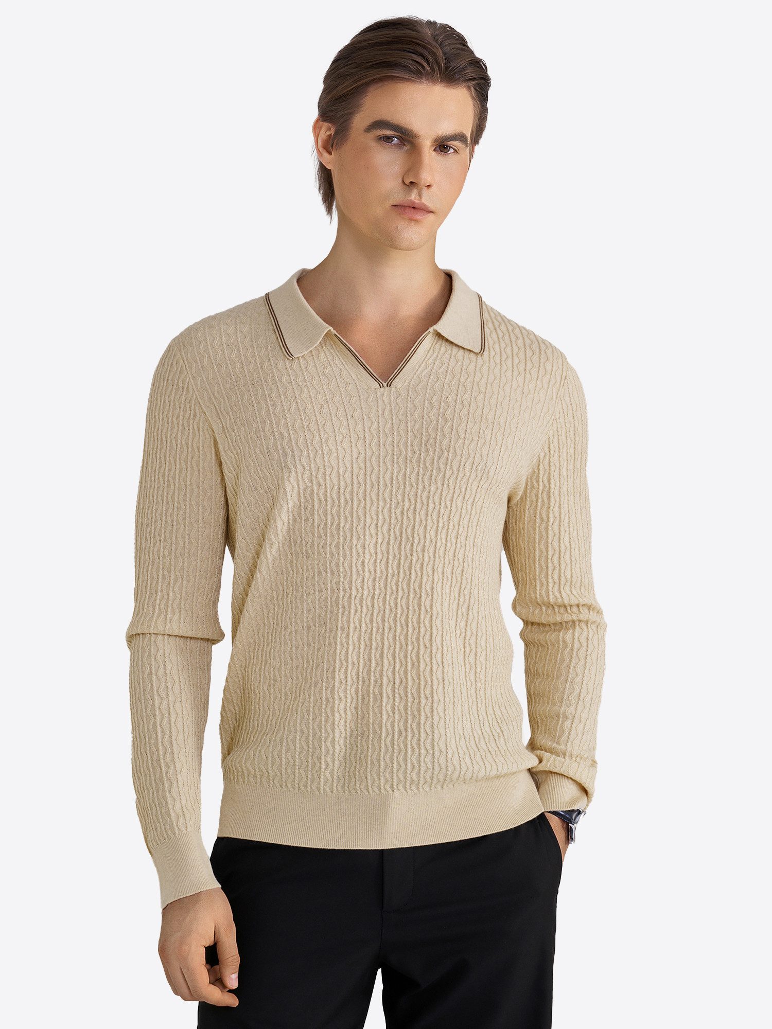 VANTORY Strickpullover Herren Klassischer Langarm Poloshirt mit Reverskragen ohne Knöpfe (Packung, 1-tlg., 1per-Pack) mit Zopfmuster