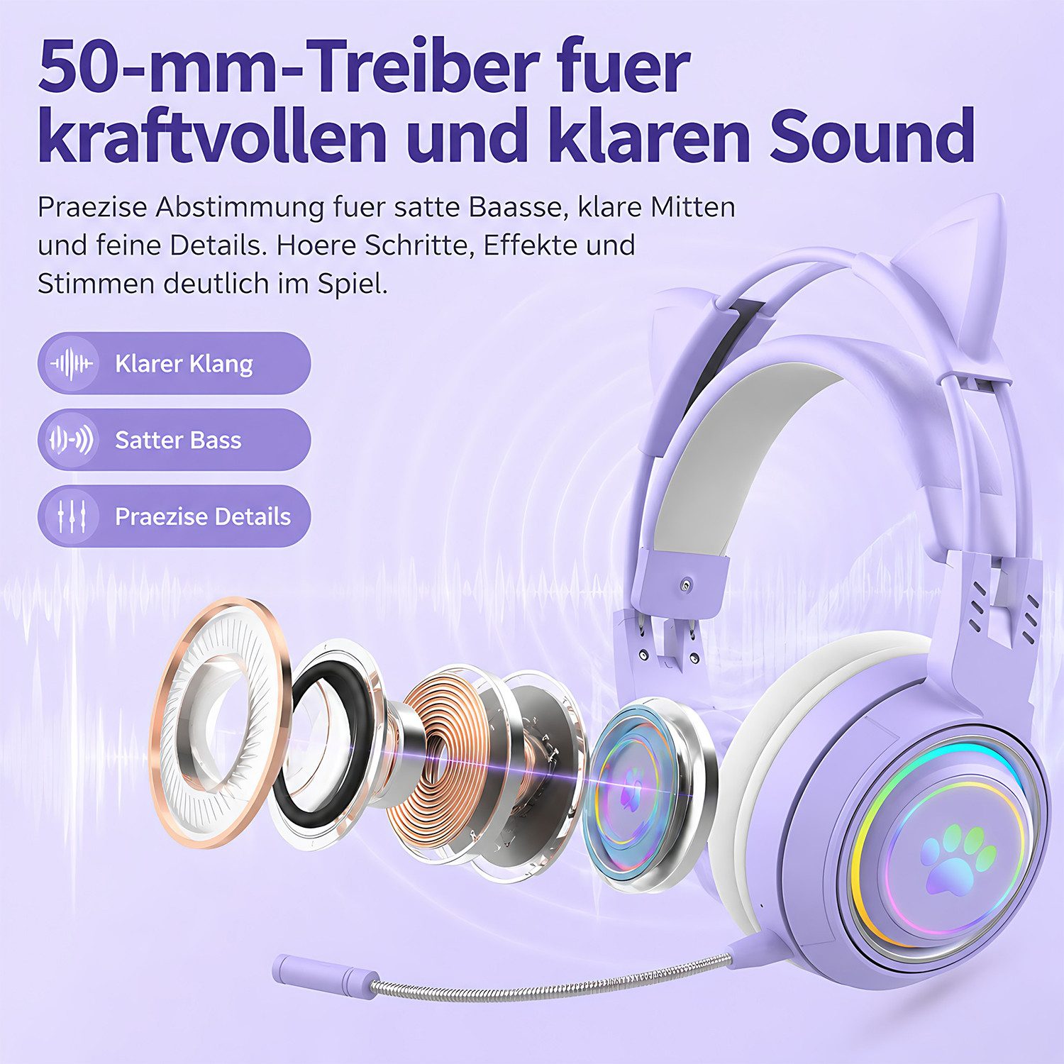AIMAX Kabelloser Over-Ear-Kopfhörer RGB mit Mikrofon und Noise-Cancelling Bluetooth-Kopfhörer (Gaming-Headset mit Katzenohren und Hirschohren abnehmbaren für Kinder, mit 50 mm Treiber, Musik/Gaming-Modus, für PC, PS, Xbox, Laptop, Geschenke für Erwachsene, Freundin, Partner, Gamer)