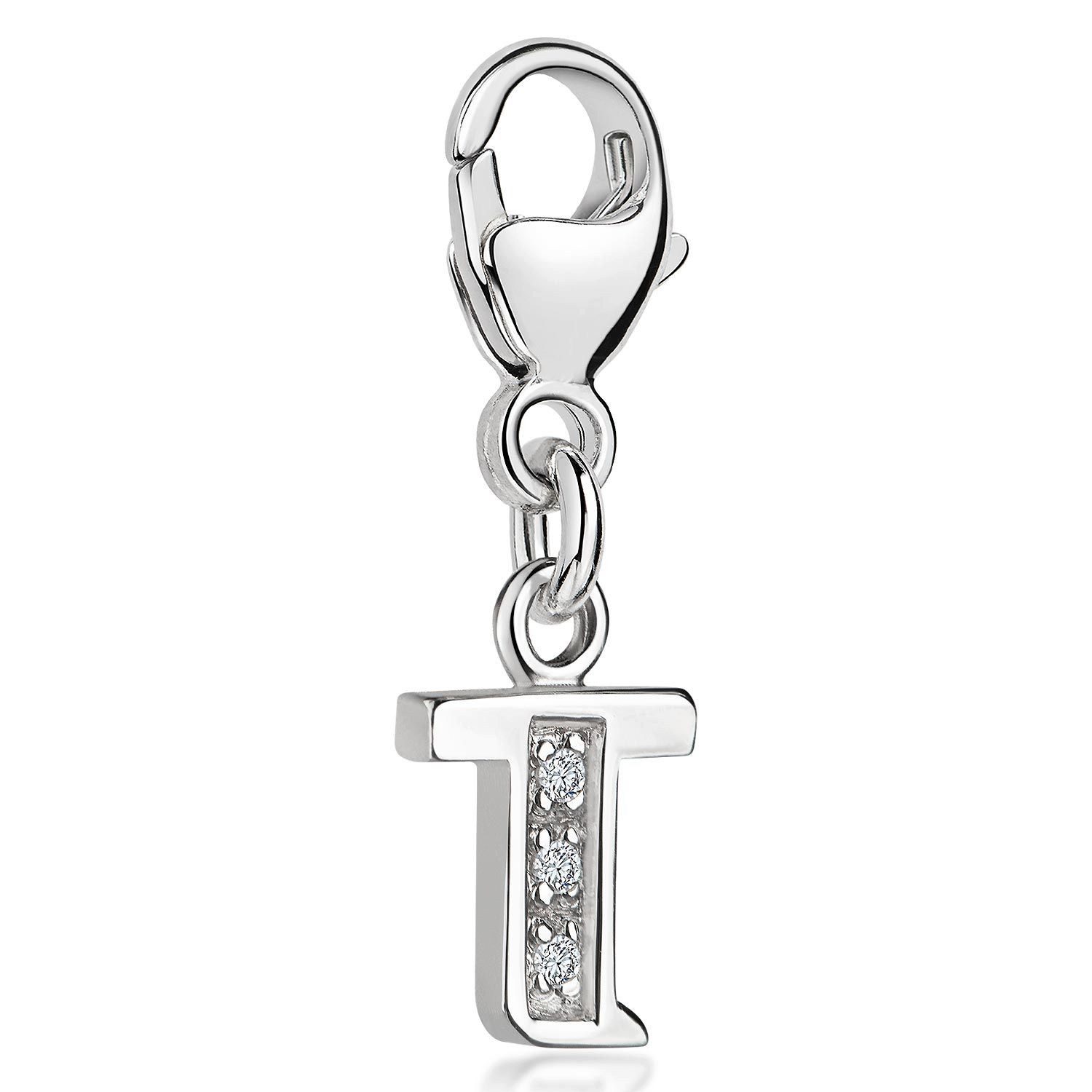 Materia Charm Buchstabe Silber Anhänger Buchstabe " T " Alphabet Zirkonia C70, 925 Sterling Silber, rhodiniert