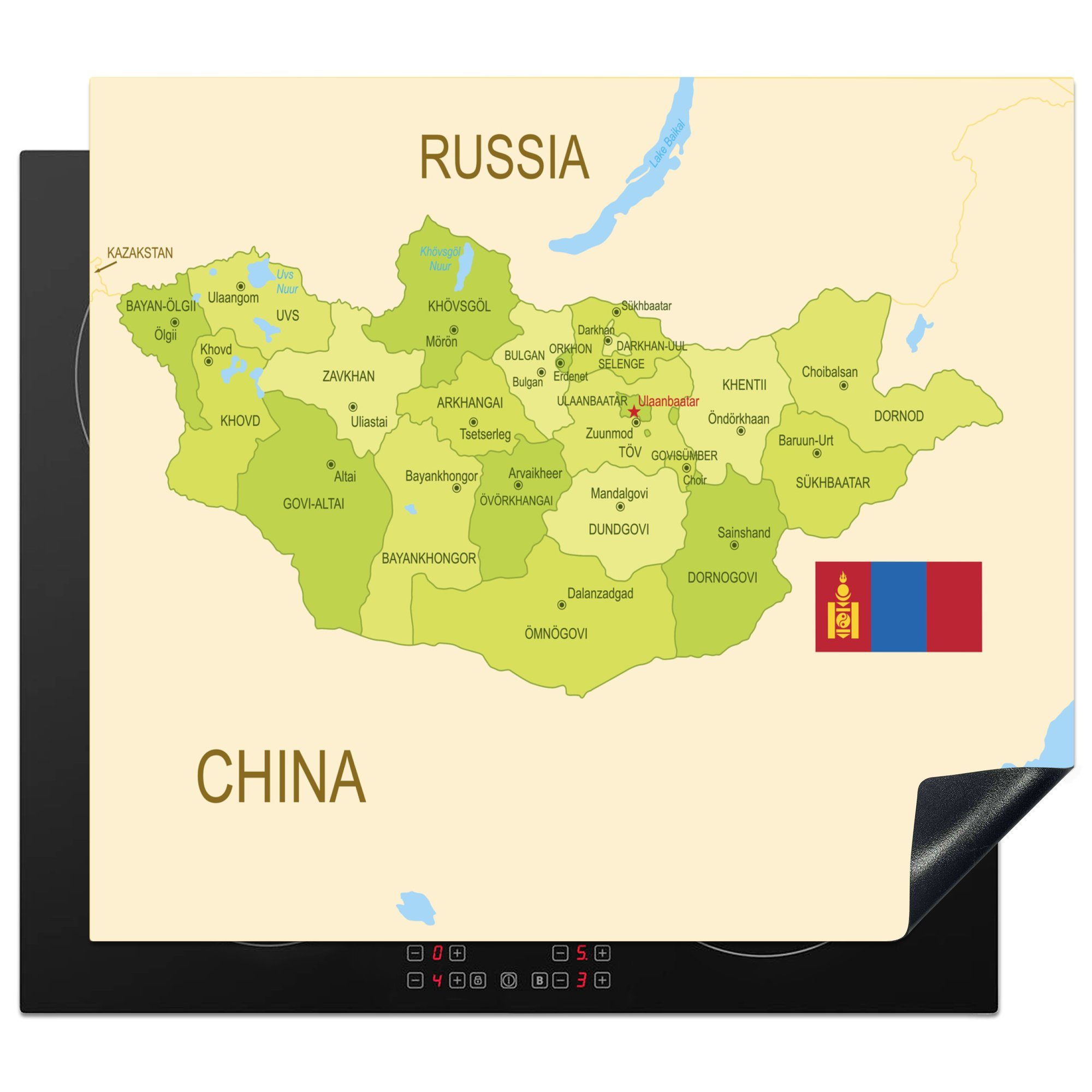 MuchoWow Herdblende-/Abdeckplatte Illustration der Karte der Mongolei und ihrer Provinzen, Vinyl, (1 tlg), 60x52 cm, Mobile Arbeitsfläche nutzbar, Ceranfeldabdeckung