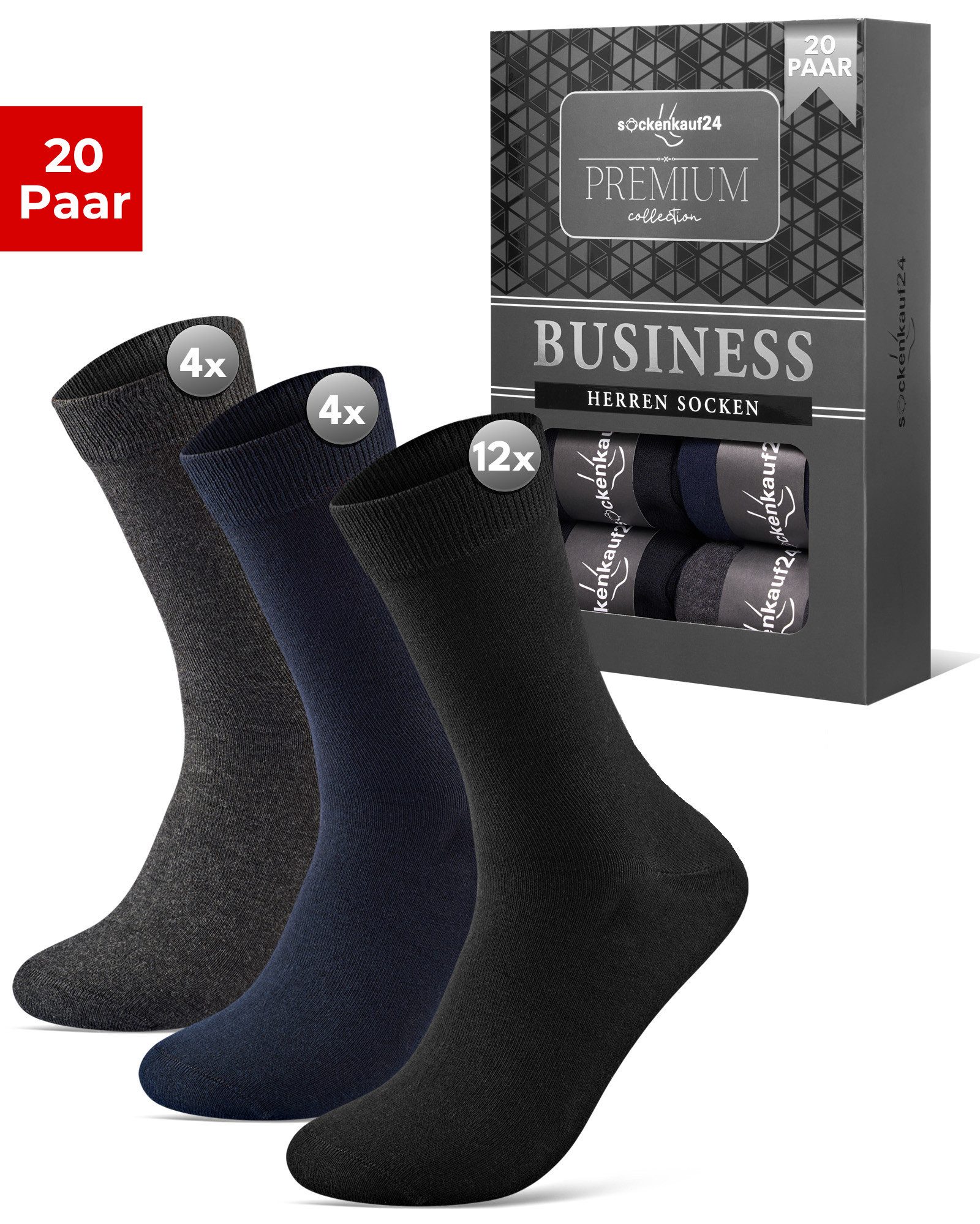 sockenkauf24 Businesssocken 10 Paar Herren Socken Premium Business Socken mit Komfortbund (20-Paar) atmungsaktive Baumwolle, ohne Naht, verpackt in einer edlen Box