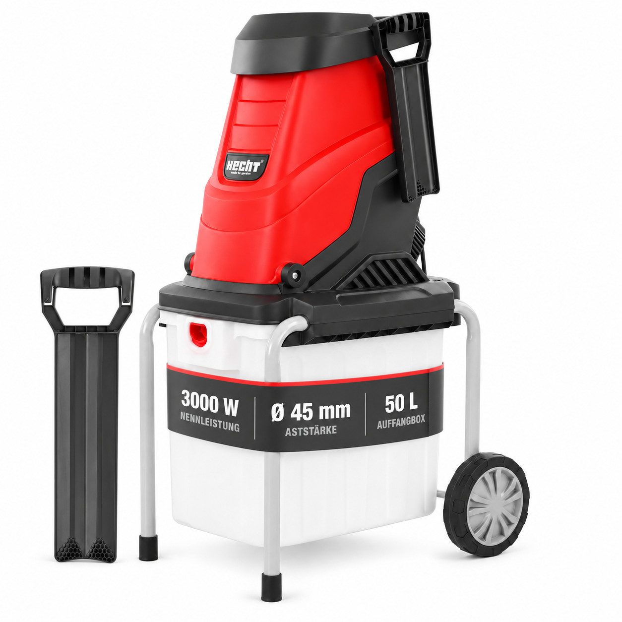 Hecht Messerhäcksler 630 BOX Elektro 3000 W bis 45 mm mit 50 l Auffangbox, 4,5 cm max. Astdurchmesser, Messerteller-Schneidwerk, Fahrbar, mit Montagewerkzeug und Schieber
