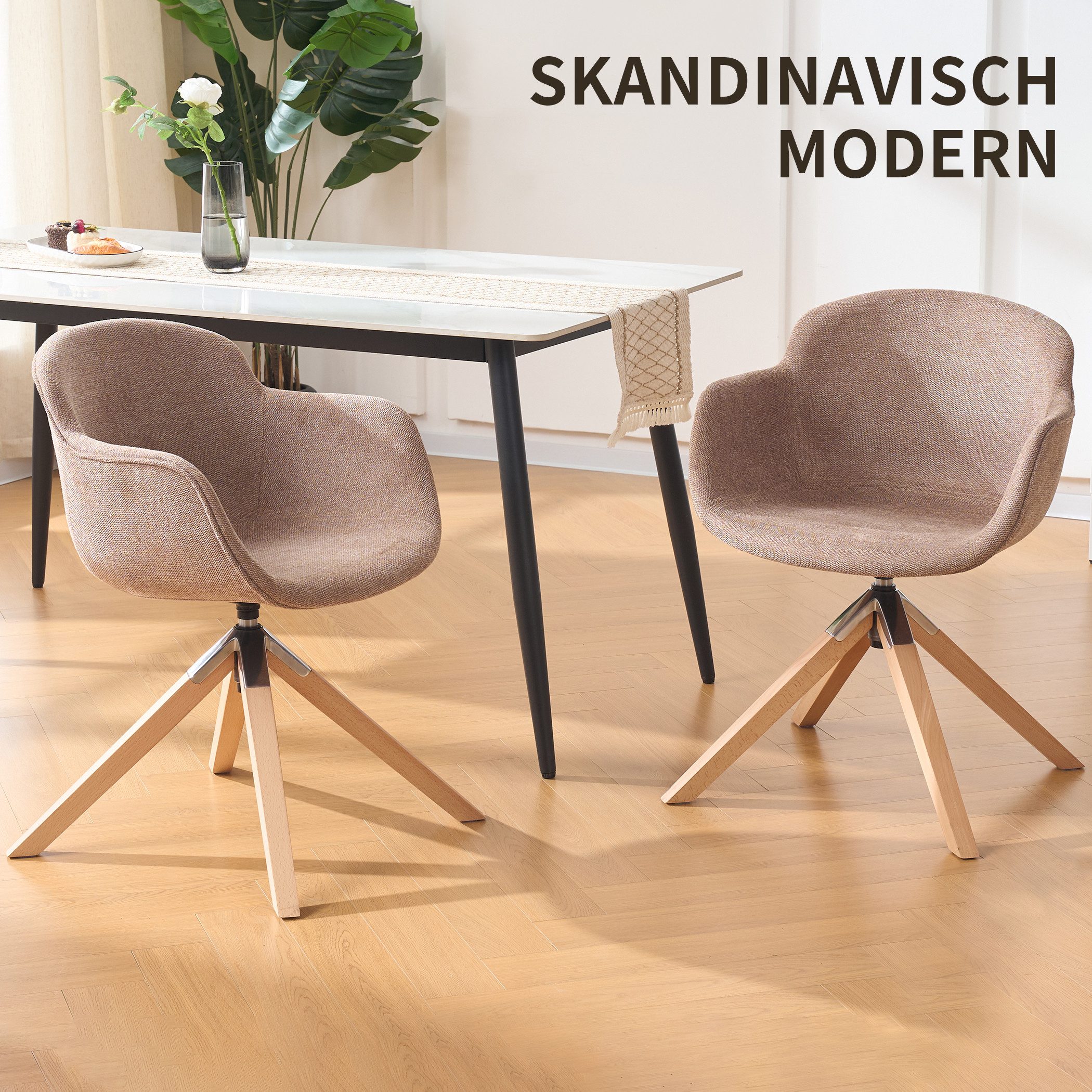 SeedWave Esszimmerstuhl drehbar 2er Set Polsterstuhl mit Integrierten Armlehnen, Holzbeine, Stoffbezug Küchenstuhl-Set mit rutschfesten Fußpads, bis 150kg