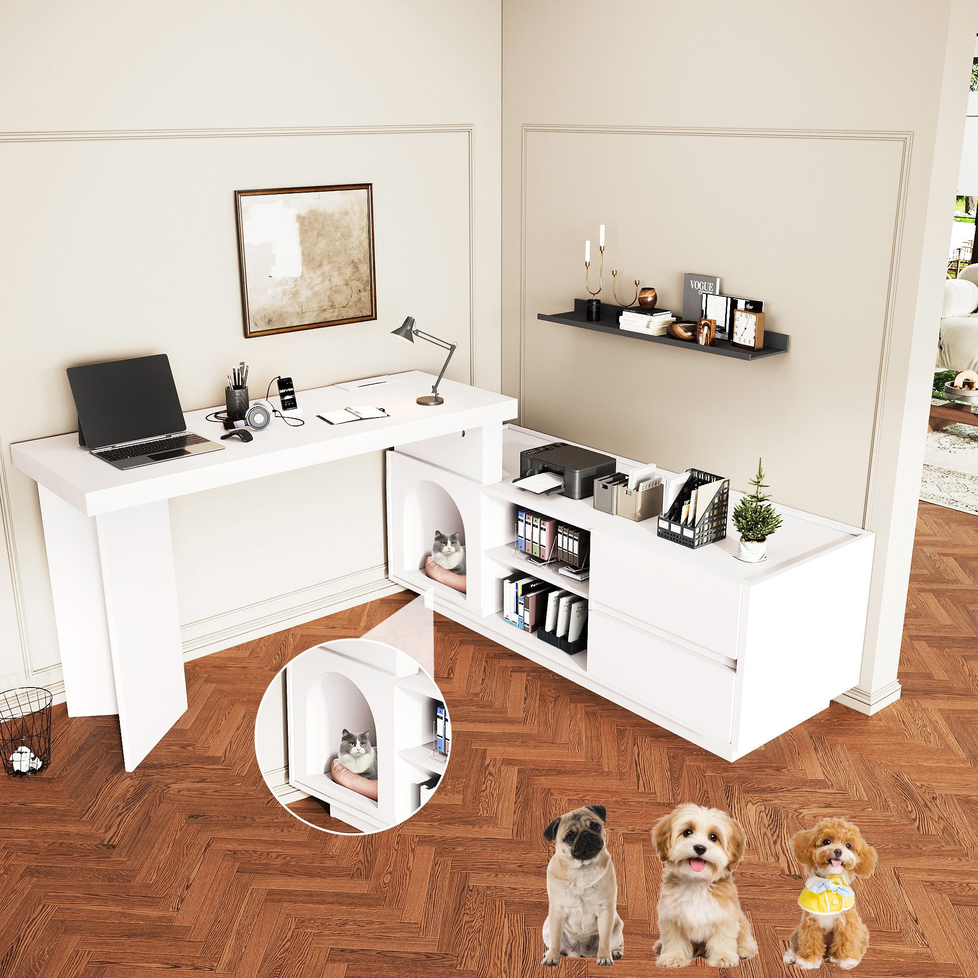 Merax Schreibtisch flexibel L-förmig Bürotisch verstellbar Arbeitstisch (Schreibtisch: 120×50×72 cm/Tierhöhle: 37,5×47×43 cm, 1-St., ideal für Homeoffice & Haustierbesitzer), Schreibtisch mit 2 Schubladen, Stauraum & integrierter XL-Tierhaus