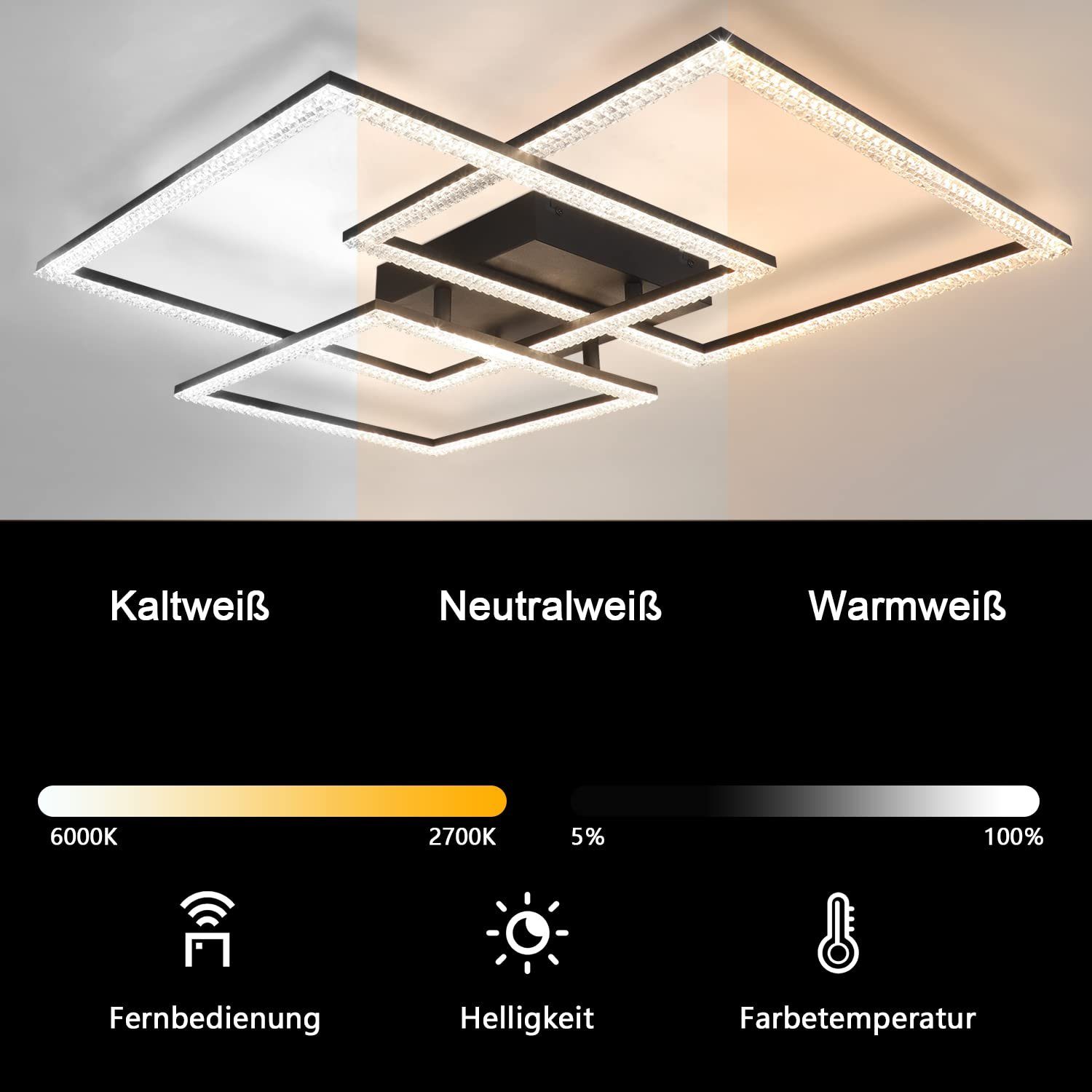 ZMH LED Deckenleuchte Whonzimmer Dreifaches Quadratisches Design Kristall Innen Lampe 82W, Dimmbar mit Fernbedienung, LED fest integriert, warmweiß-kaltweiß, LED fest integriert