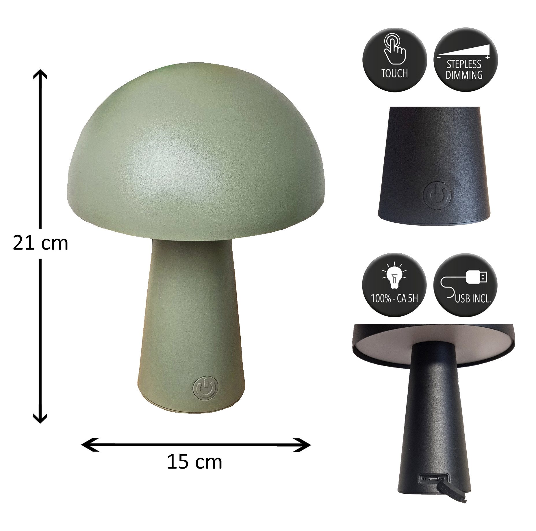 Coen Bakker Deco BV LED Außen-Tischleuchte Touch Tischlampe Pilzform Dimmbar Akku In-/Outdoor IP44, Touch-Funktion, LED fest verbaut, Kaltweiß, Warmweiß, Tagesl – Bild 3 von 5