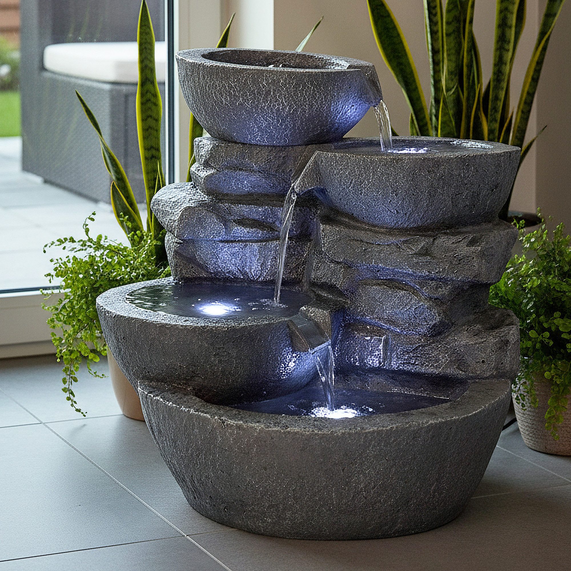 Arnusa Gartenbrunnen großer LED Springbrunnen Wasserfall 50 cm Zimmerbrunnen Wasserspiel, mit LED Beleuchtung Indoor und Outdoor