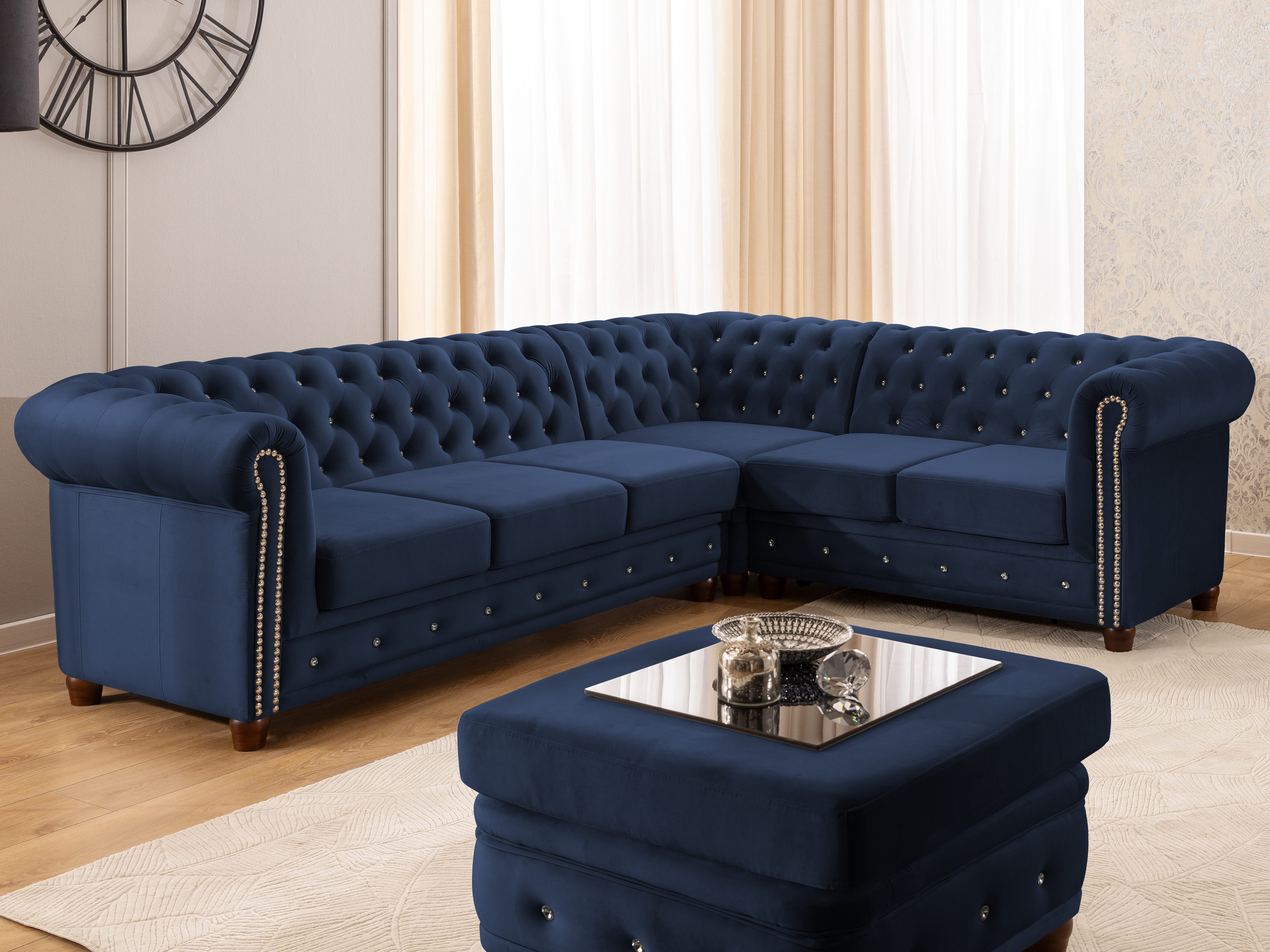 S-Style Möbel Ecksofa Chesterfield mit Schlaffunktion Cleo Blink Samt mit Kristallsteppung, mit Wellenfederung