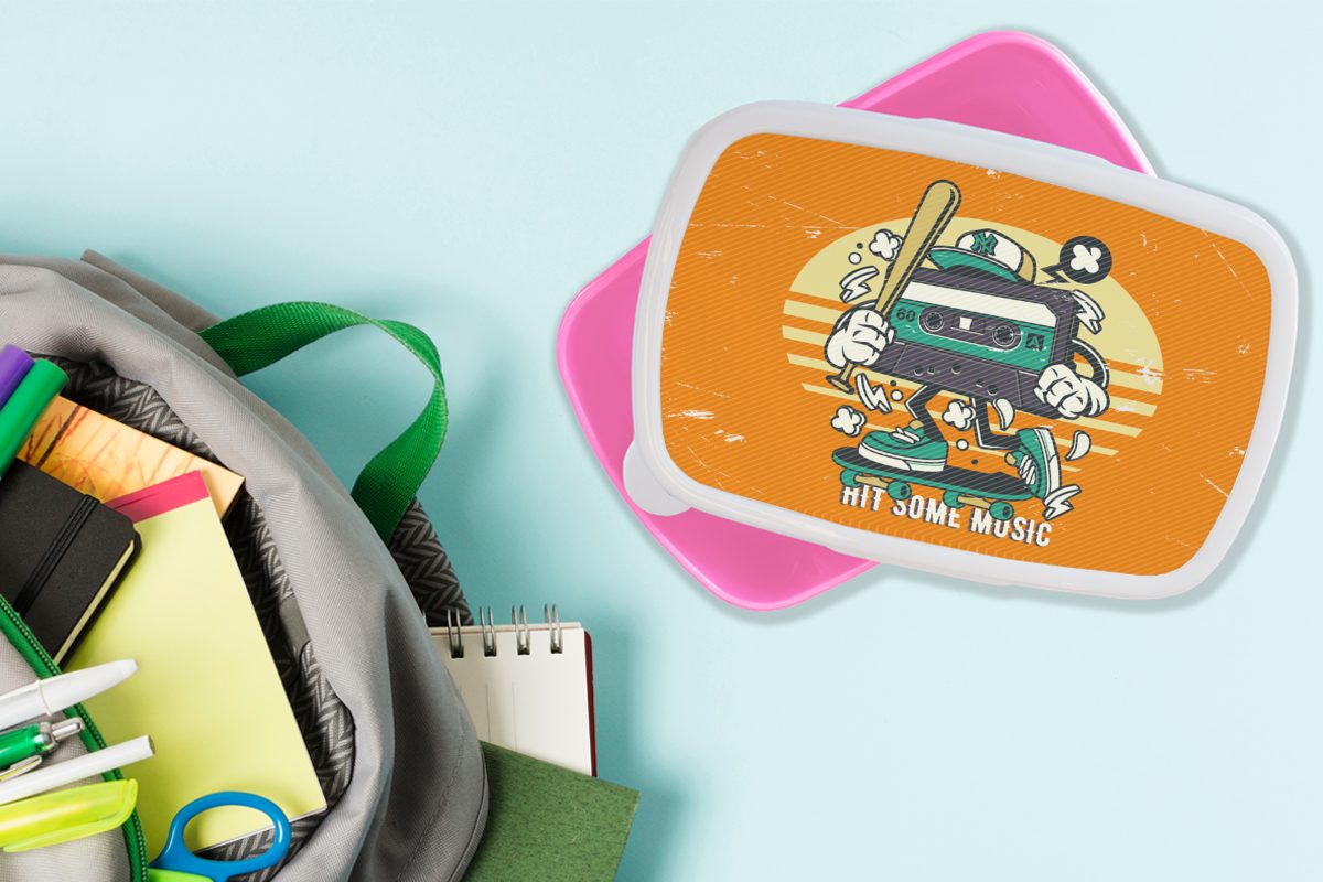 rosa Kassettenkassetten Kunststoff, Mädchen, MuchoWow Brotbox für Vintage, - Erwachsene, Kunststoff Baseballschläger Kinder, (2-tlg), Lunchbox Snackbox, Brotdose -