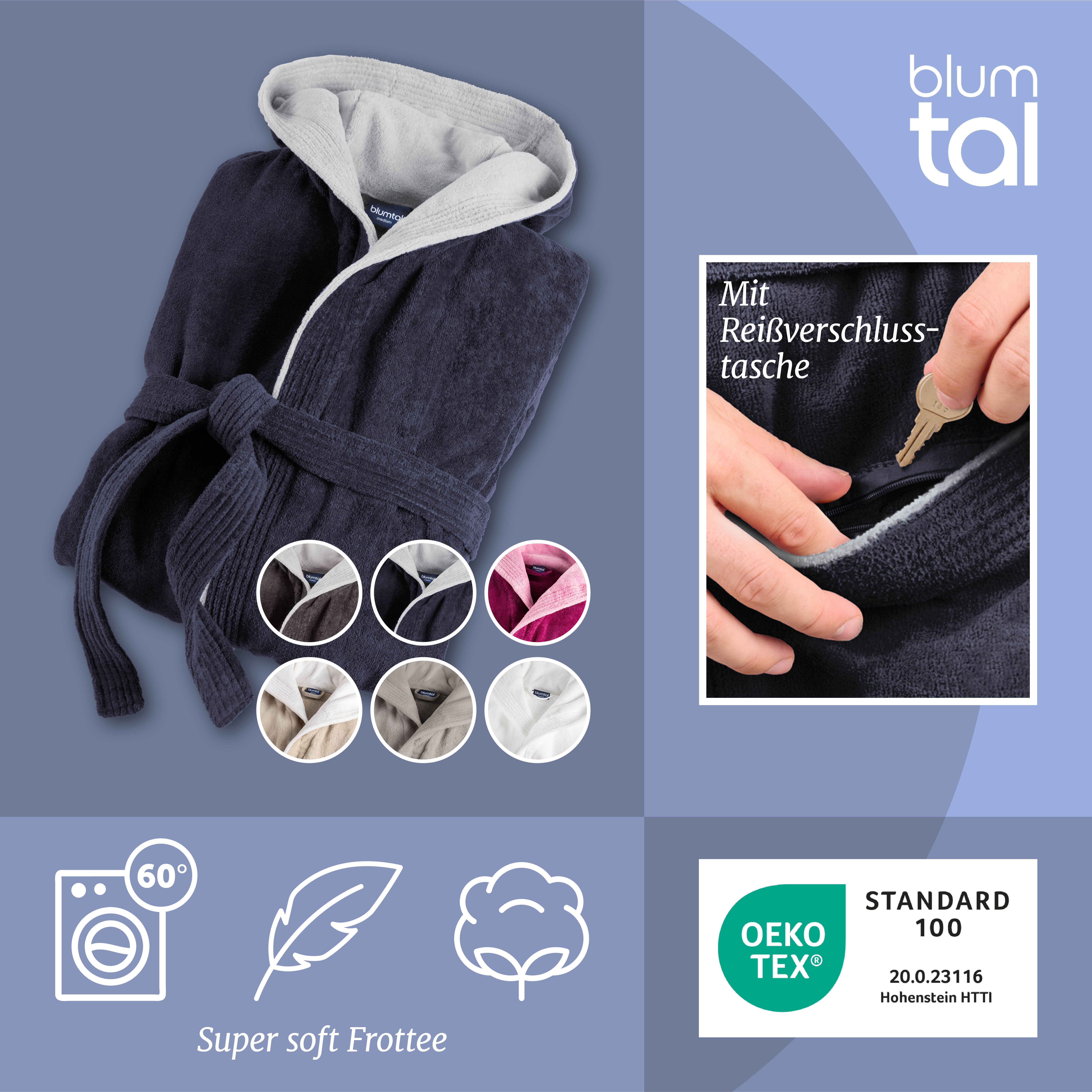 Blumtal Bademantel Damen, mit gefütterter Kapuze, Baumwolle, und samtigen Frottee-Velours, Oeko-TEX® Zertifiziert