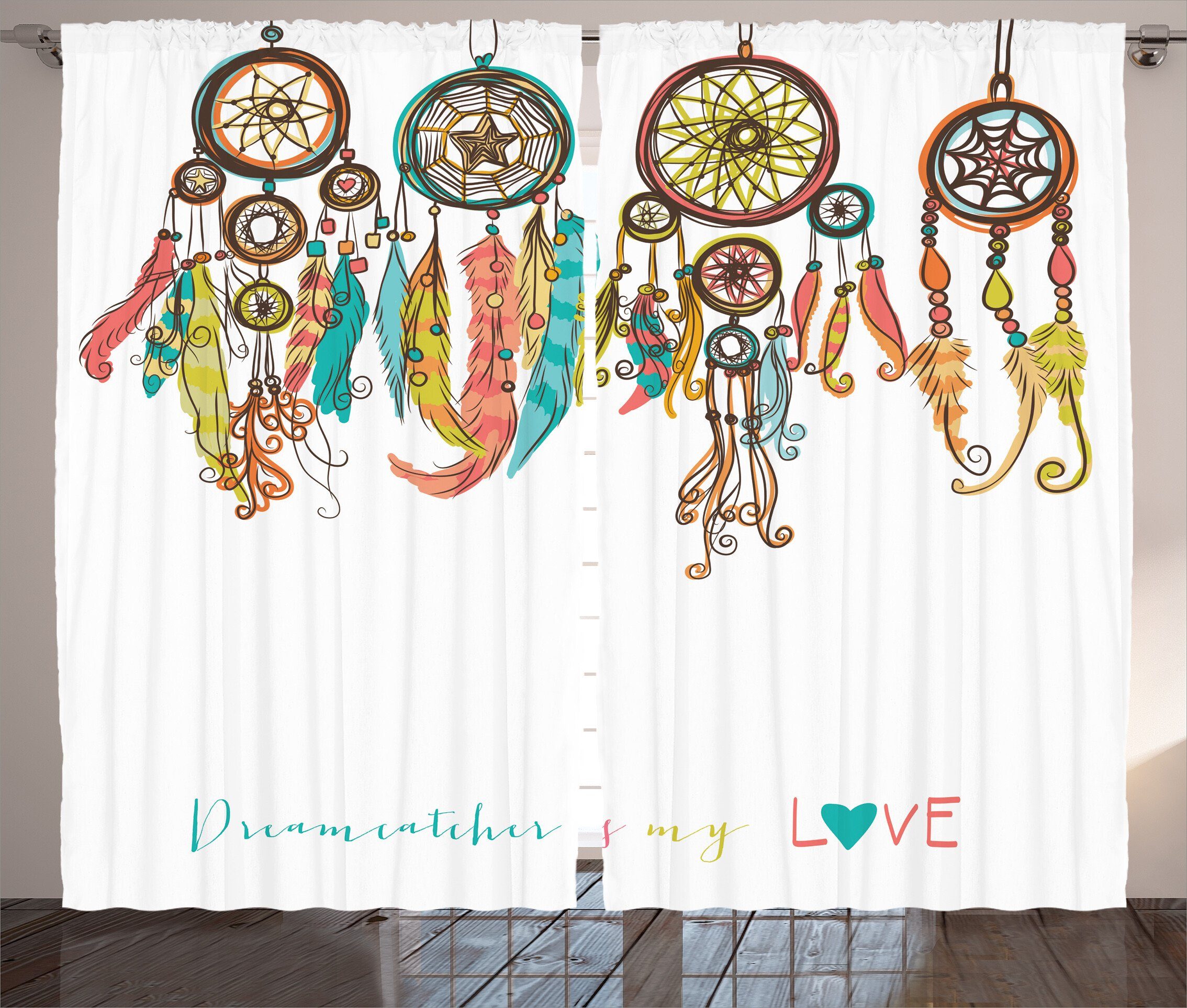 Gardine Schlafzimmer Kräuselband Vorhang mit Schlaufen und Haken, Abakuhaus, Primitive Boho Dreamcatchers