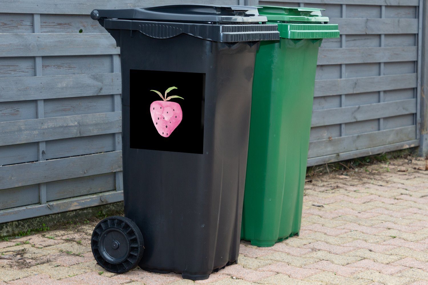 Container, - Mülltonne, - MuchoWow Aquarell Schwarz (1 St), Wandsticker Mülleimer-aufkleber, Erdbeere Abfalbehälter Sticker,