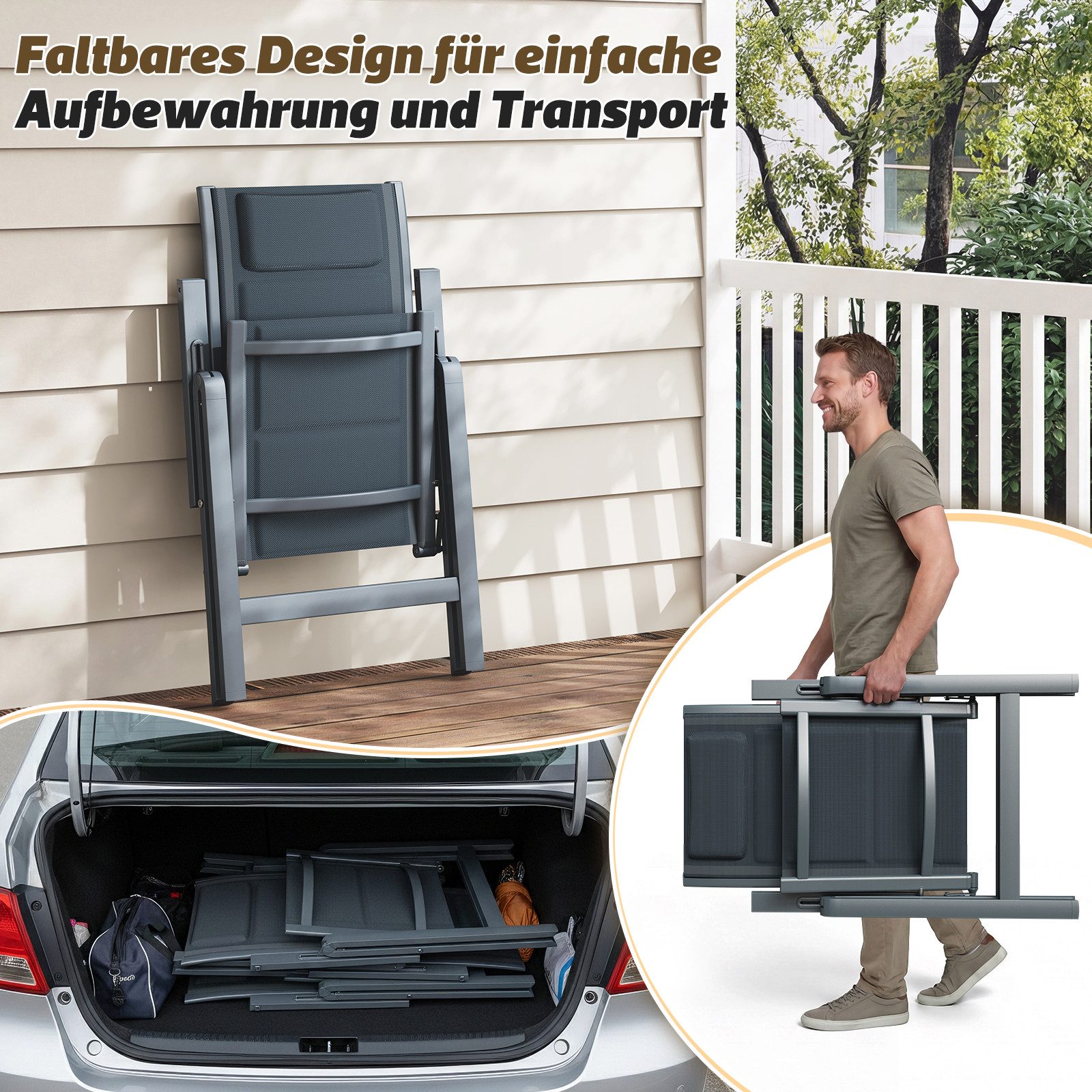 HOMALL Gartenstuhl Aluminium Klappstuhl mit Armlehnen, 7-stufig verstellbarer Rückenlehne (Set, 2 St), Klappbare Gartenstühle reißfest und atmungsaktiv bis 150kg belastbar
