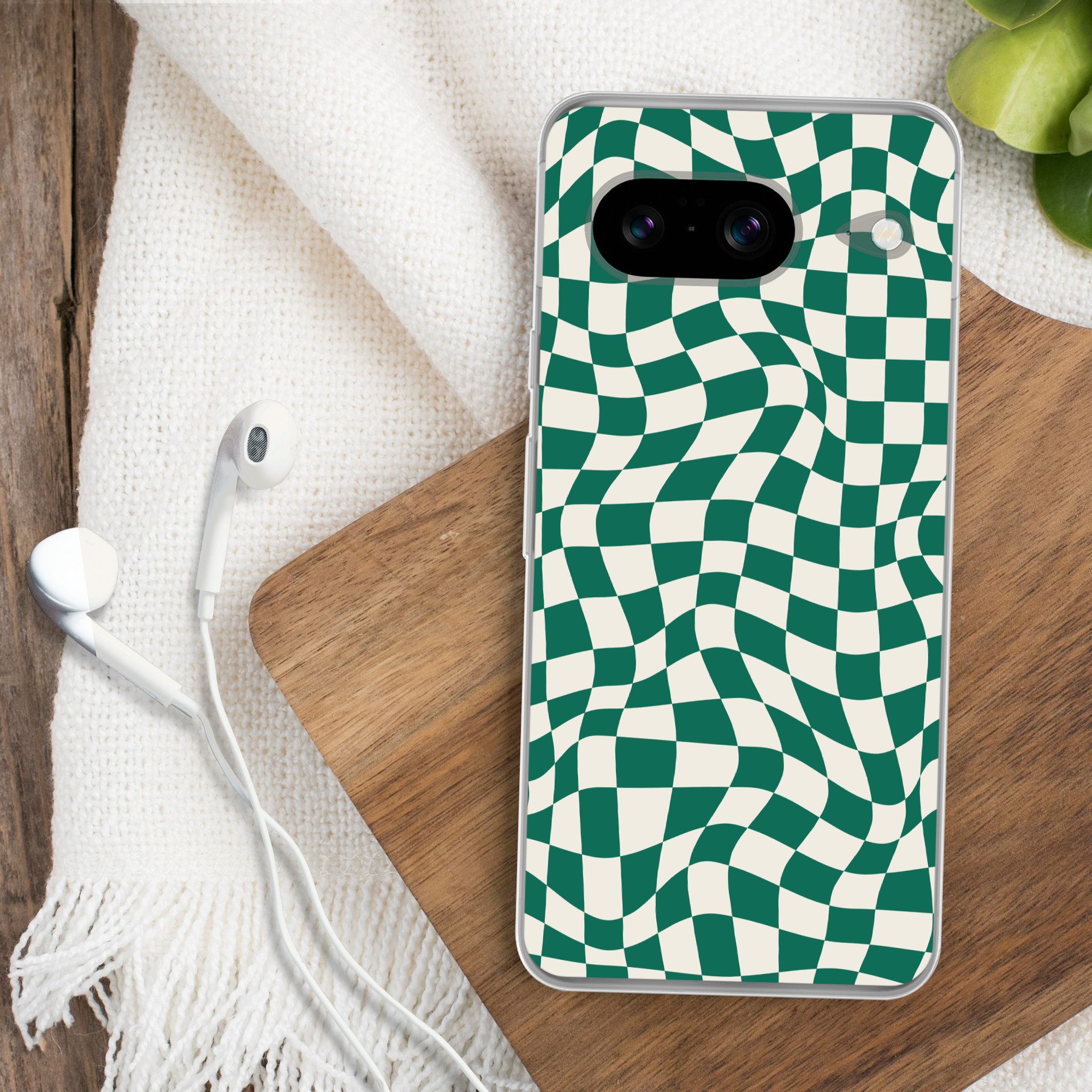MuchoWow Handyhülle für Google Pixel 8 Gewellte Boxen - Grün - Weiß - Abstrakt, Handy Case, Silikon, Bumper Case Dünn
