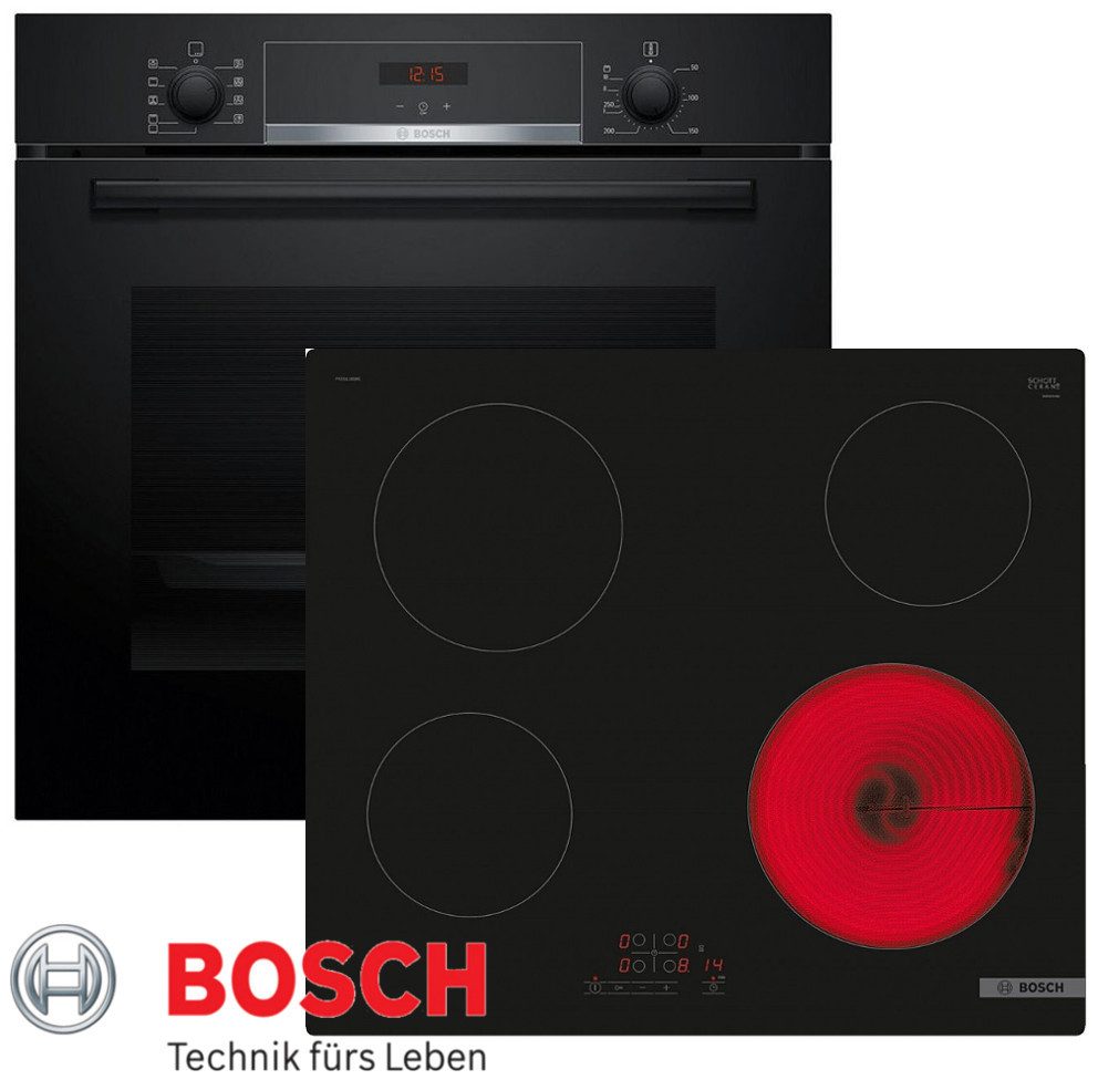 BOSCH Elektro-Herd-Set Bosch Autark Schwarz Backofen 3D Heißluft +Glaskeramik Kochfeld 60cm, mit 1-fach-Teleskopauszug, Kytylyse- Rückwand