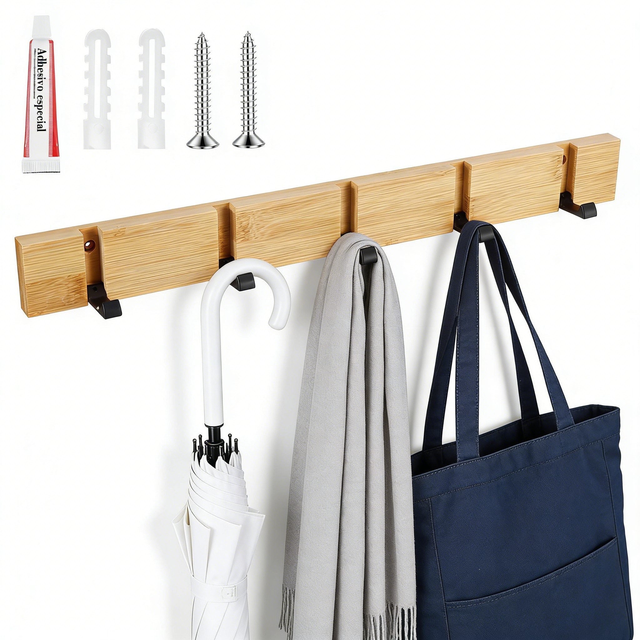 BlingBin Garderobenhaken Klappbare Garderobenleiste mit 5 Haken, Wandgarderobe 50 cm (1er Set, 1 St., 50 × 5,5 × 2 cm), Kleiderhaken aus Holz & Aluminium,für Jacken, Mäntel, Taschen und Hüte