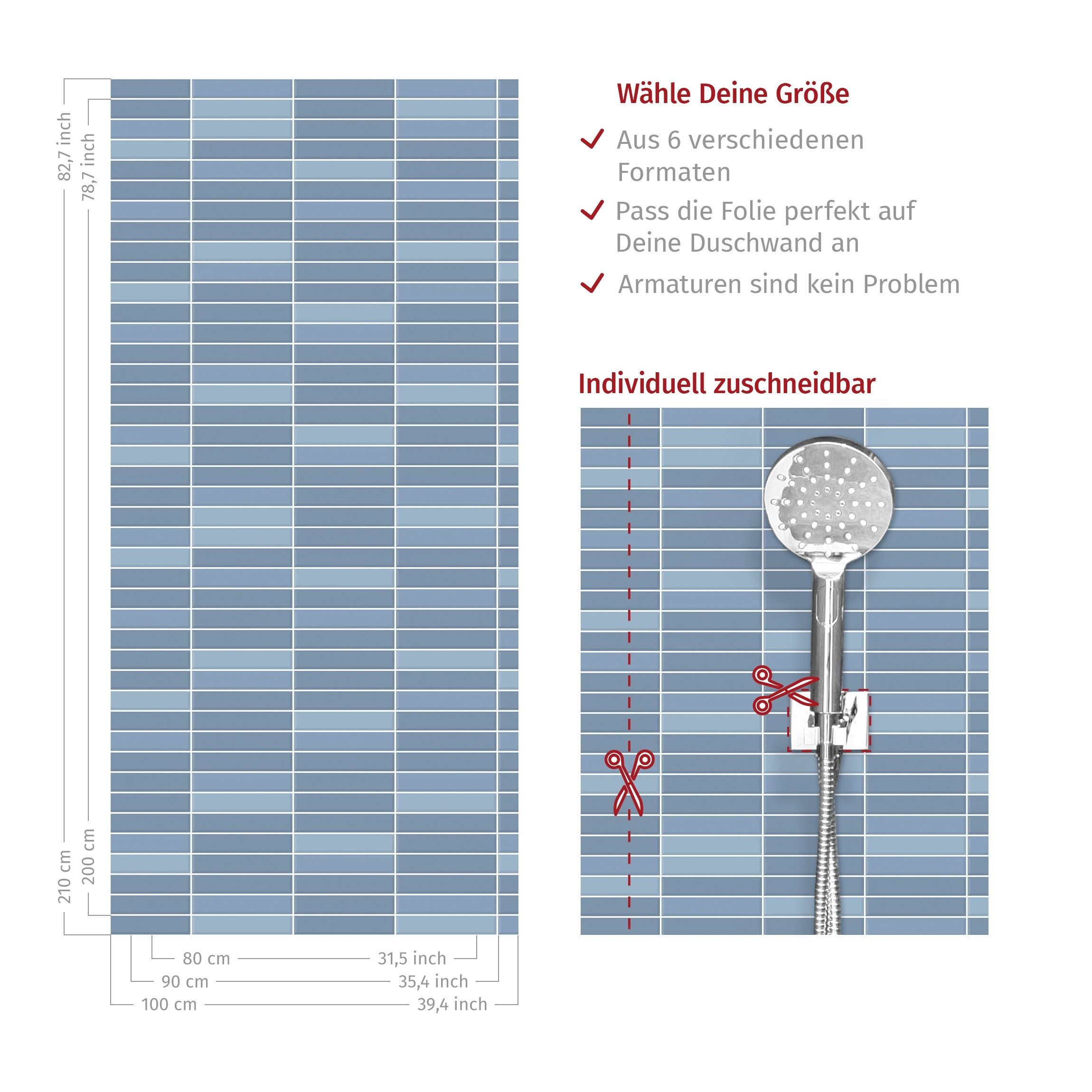 Bilderdepot24 Duschrückwand Fliesenoptik blau Duschrückwand ohne Bohren Dusche, (1-tlg., 0,61 mm starke Folie selbstklebend Wandpaneele Dusche versch. Größen), fugenlose & wasserfeste Motiv Rückwand Wandverkleidung für Duschkabine