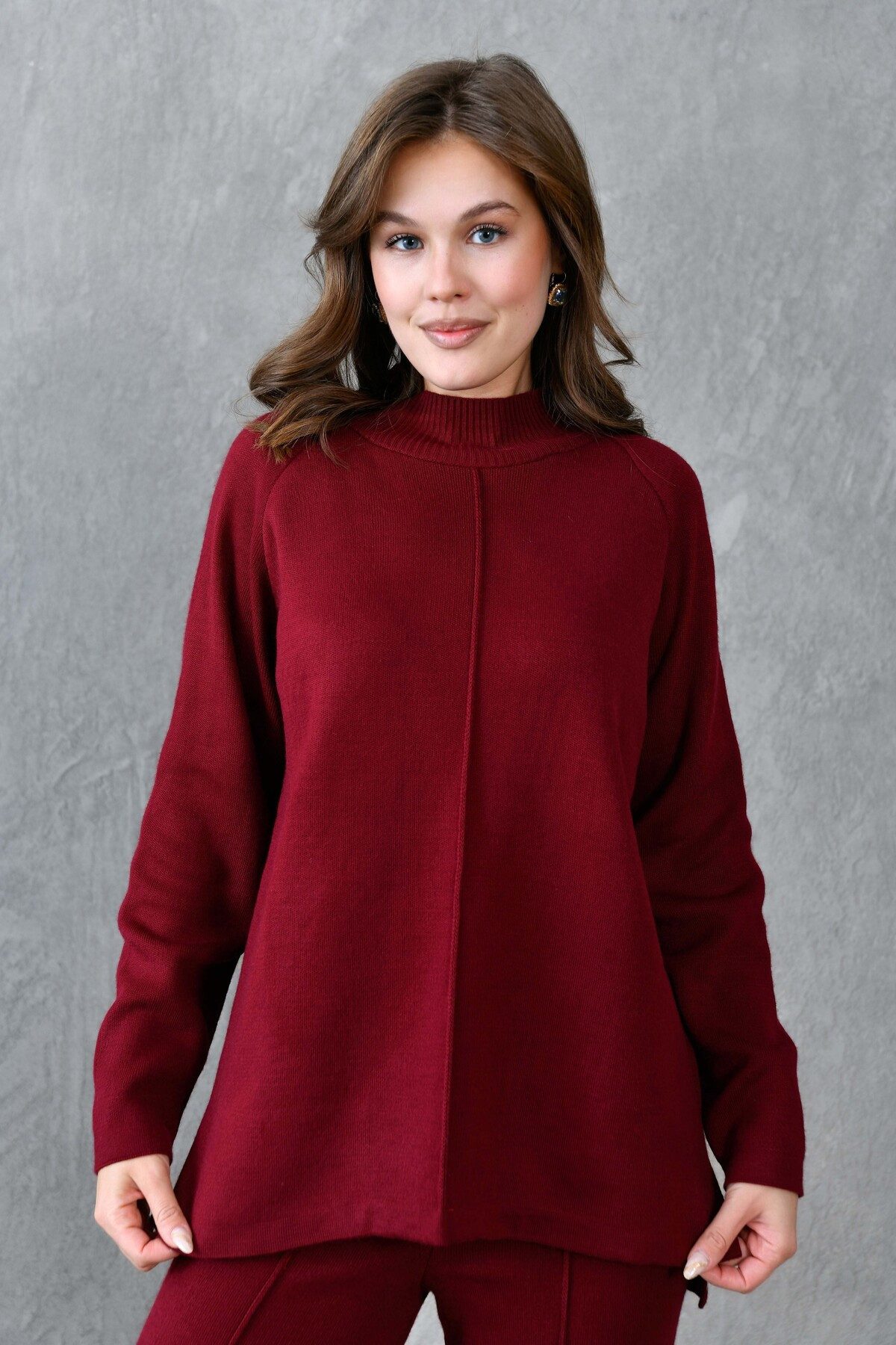 WOMAN VISION Blusentop Damen Hoher Hals Strickstoff Langarm Burgunder Pullo günstig online kaufen