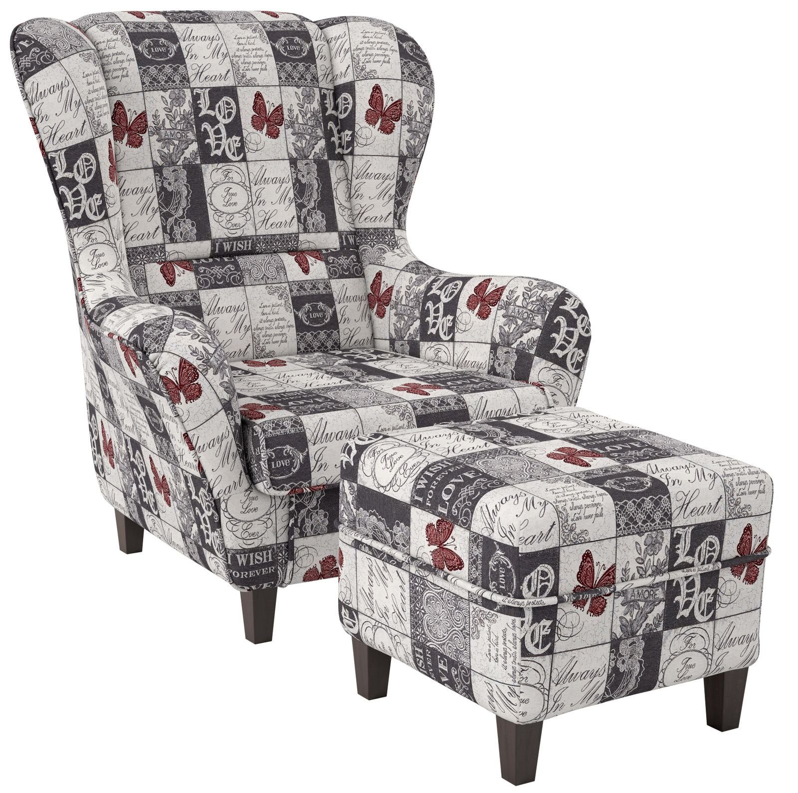 Supellex Ohrensessel Sofia Relaxsessel mit Hocker Design Patchwork Love günstig online kaufen