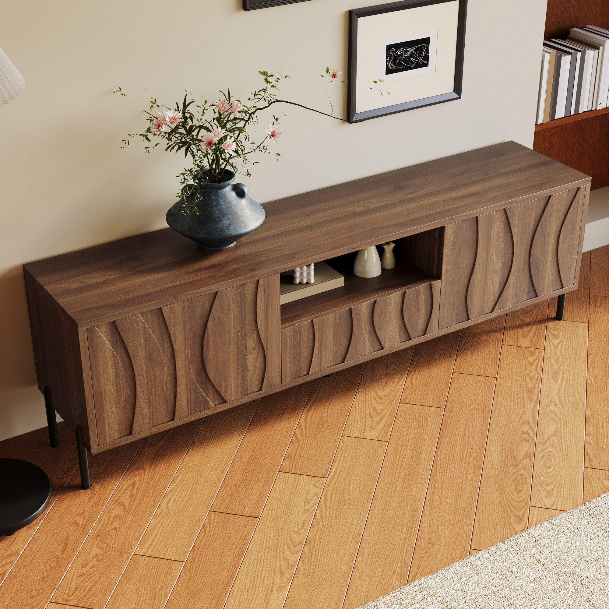 STILVORA Wohnzimmer-Set mit Doppeltüren,Niedriger Schrank Lowboard mit Regal&Klapptüren, (Packung, 1-St., Drei Türen, vier Fächer und vier eiserne Beine), Vorgebohrte Kabeldurchführungen,wellenförmige Schranktüren