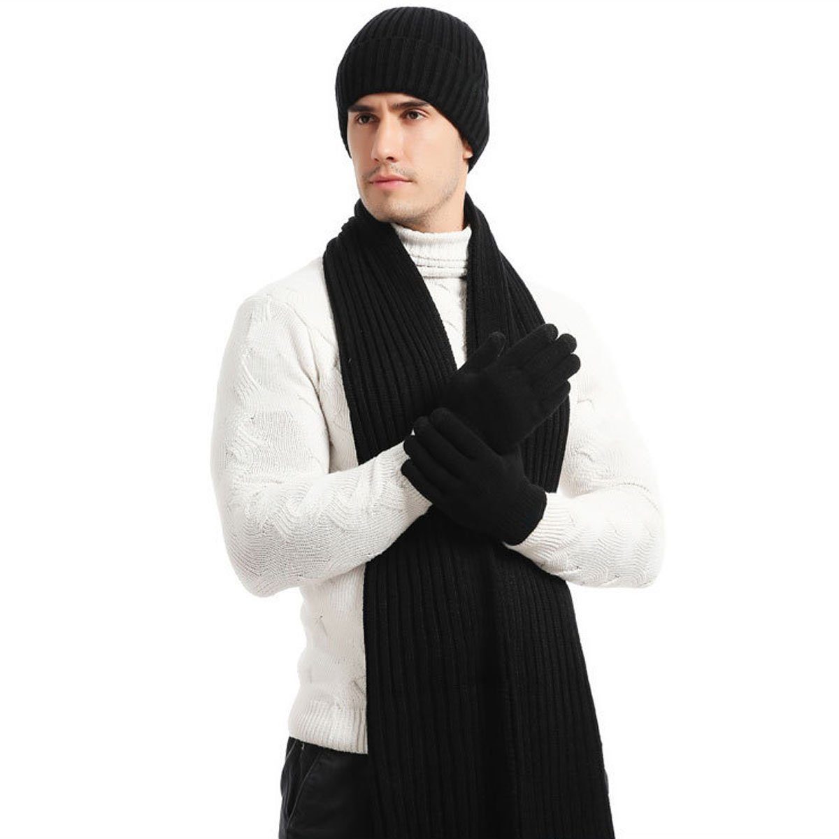 Mütze LENBEST Kombi (3-tlg) Schal Schal Schwarz Beanie für Winter Mütze Handschuhe Set & Herren Damen