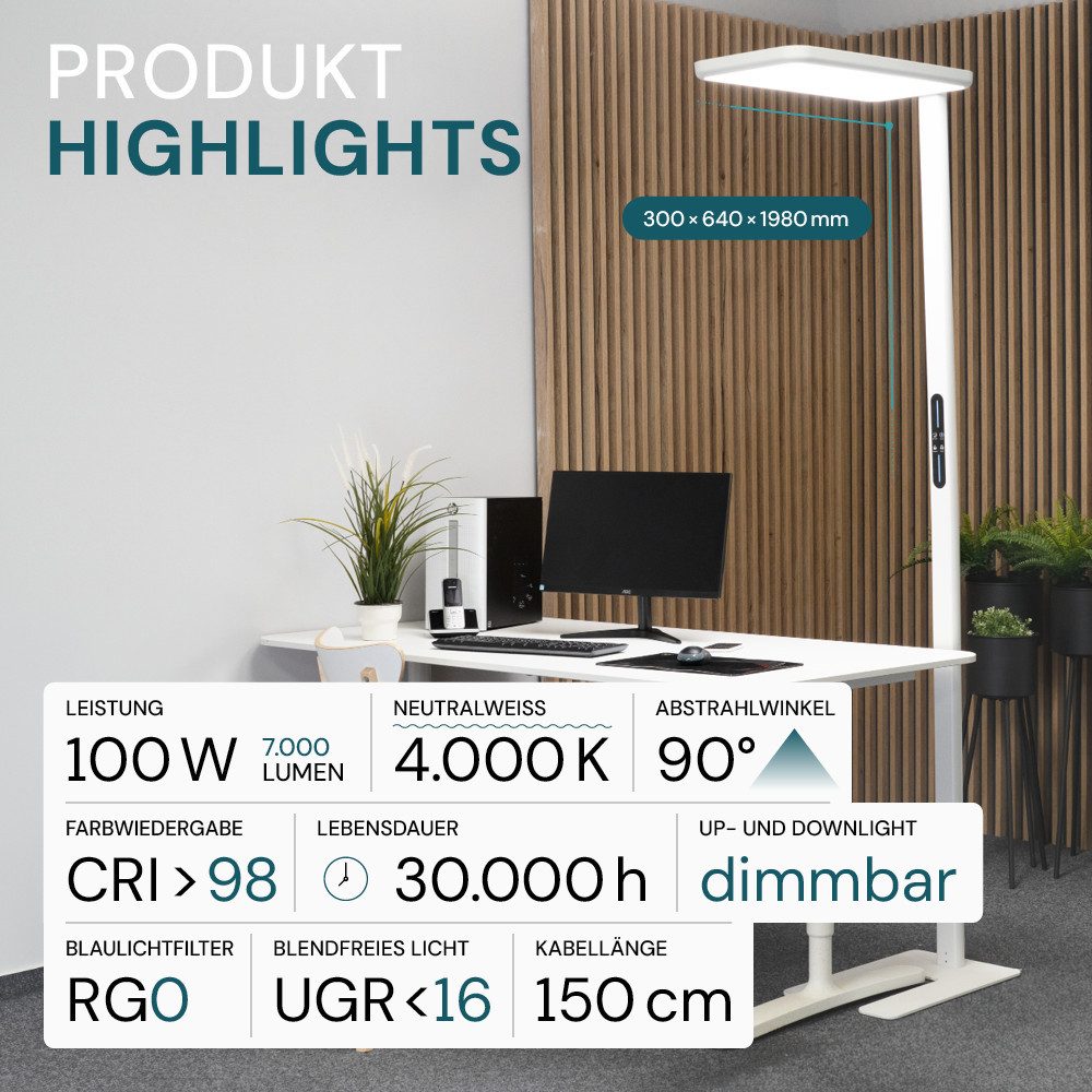 LUXULA LED Stehlampe LUXULA Stehleuchte 100W 4000K Neutralweiß LED Stehleuchte Dimmbar, Neutralweiß, Tageslichtweiß, Vollspektrum CRI>98