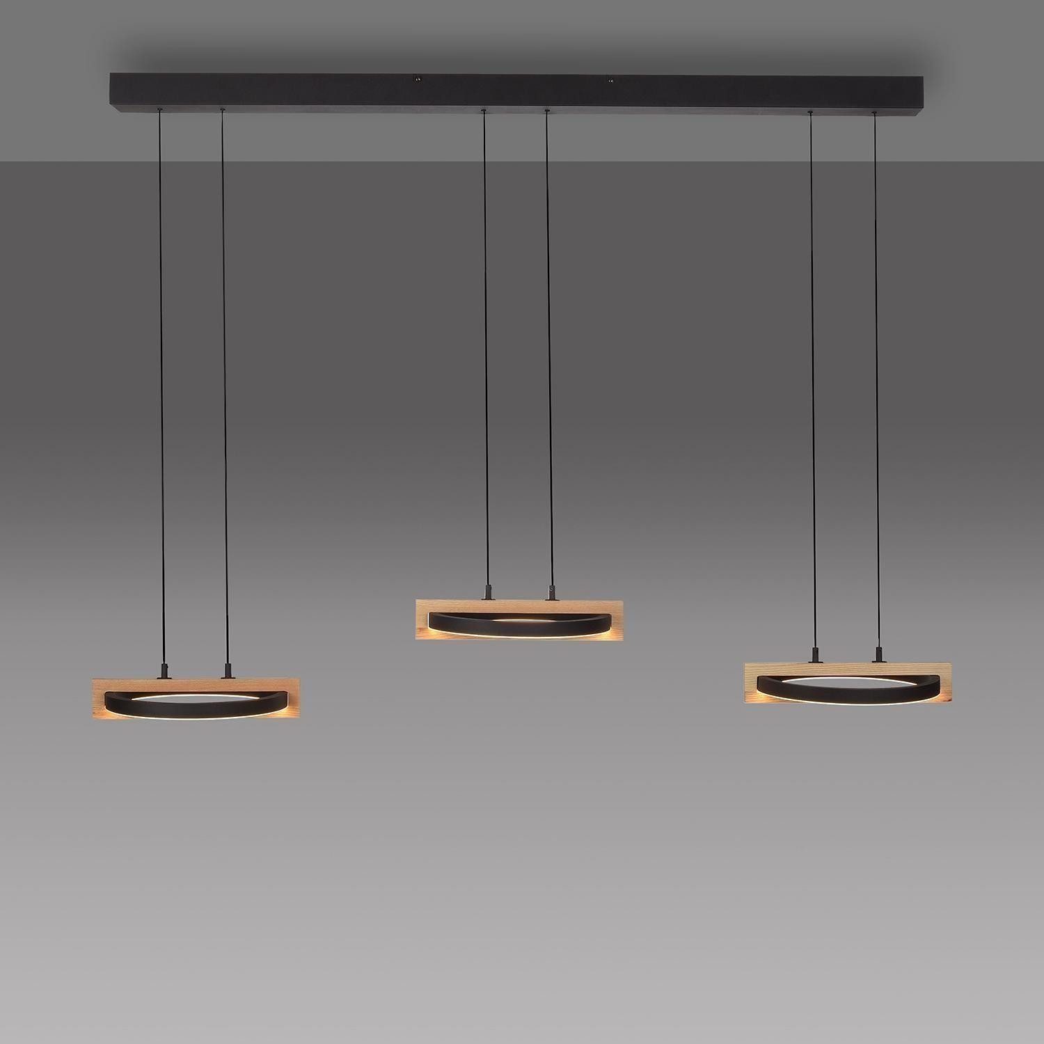 MONDO LED Pendelleuchte FAMERA, 6-flammig, Braun, Schwarz, Eichenholz, Anpassung der Farbtemperatur, Dimmfunktion, LED fest integriert, Metall, Höhenverstellbar, mit Fernbedienung, 135 x 200 cm