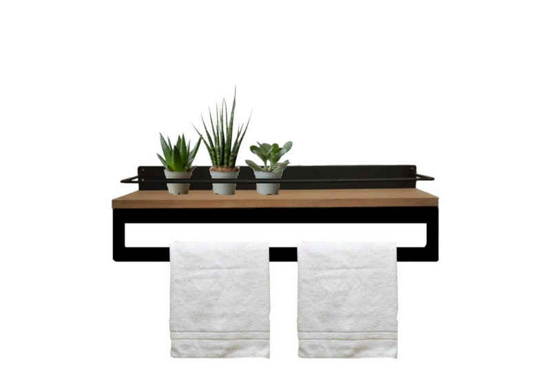 Starhome Handtuchhalter "elegance". Schwarz matt mit Ablagefläche für Badezimmer, oder Küche., 2 cm dicke Holzablagefläche