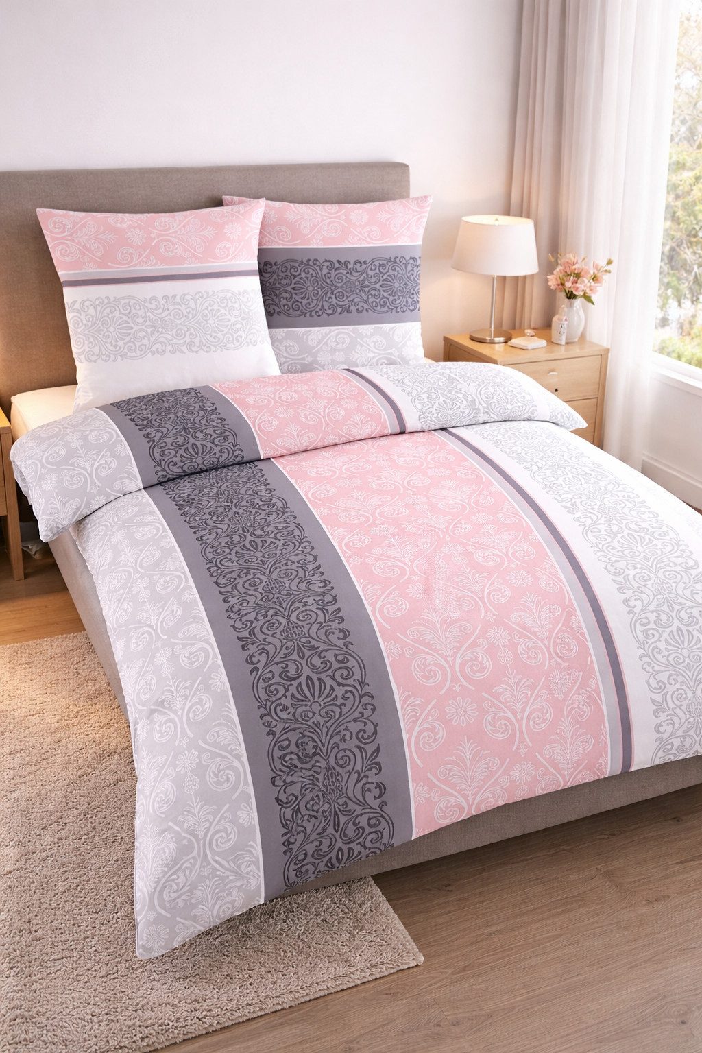 soma Bettwäsche Fein-Biber Set 135x200 mit Kissen 80x80 in Rosa & Silber Boho Barock, Biber, 2 teilig, Kuscheliger Fein-Biber aus 100% Baumwolle, wärmend & pflegeleicht